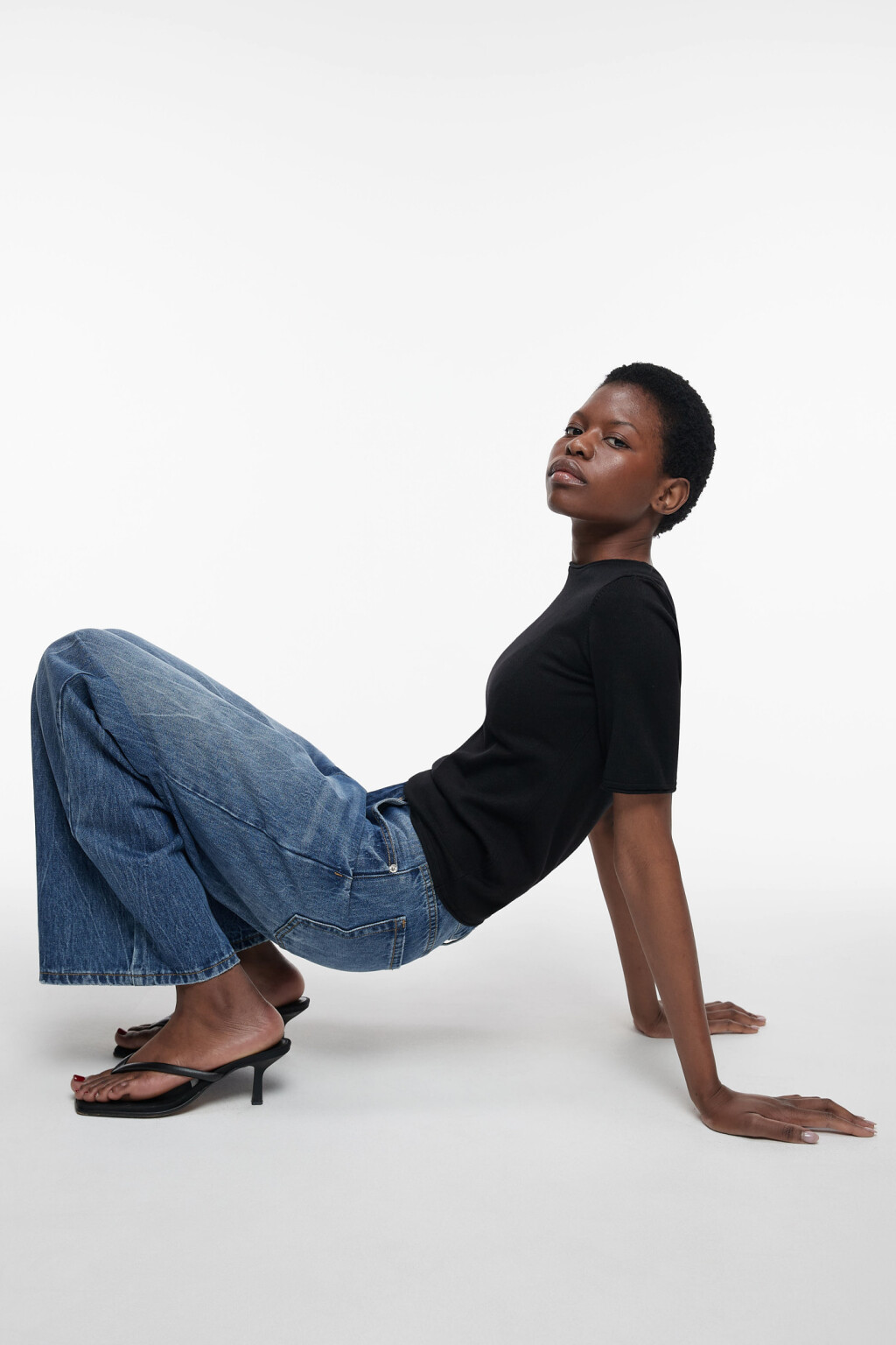 Джинсы широкие с высокой посадкой и эффектом кринкл - цвет голубой - 1