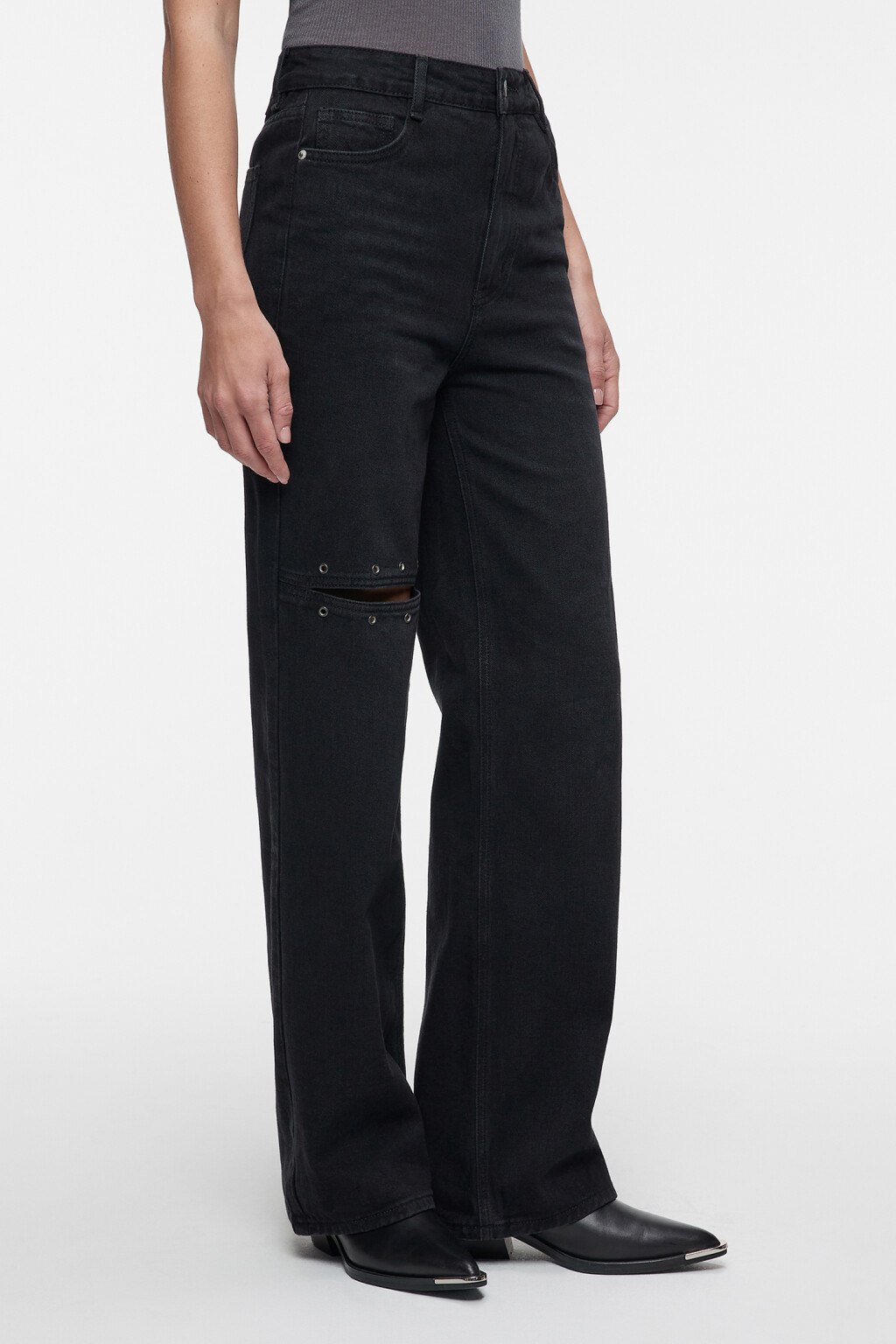 Джинсы wide leg широкие с разрезом и люверсами - цвет черный - 2