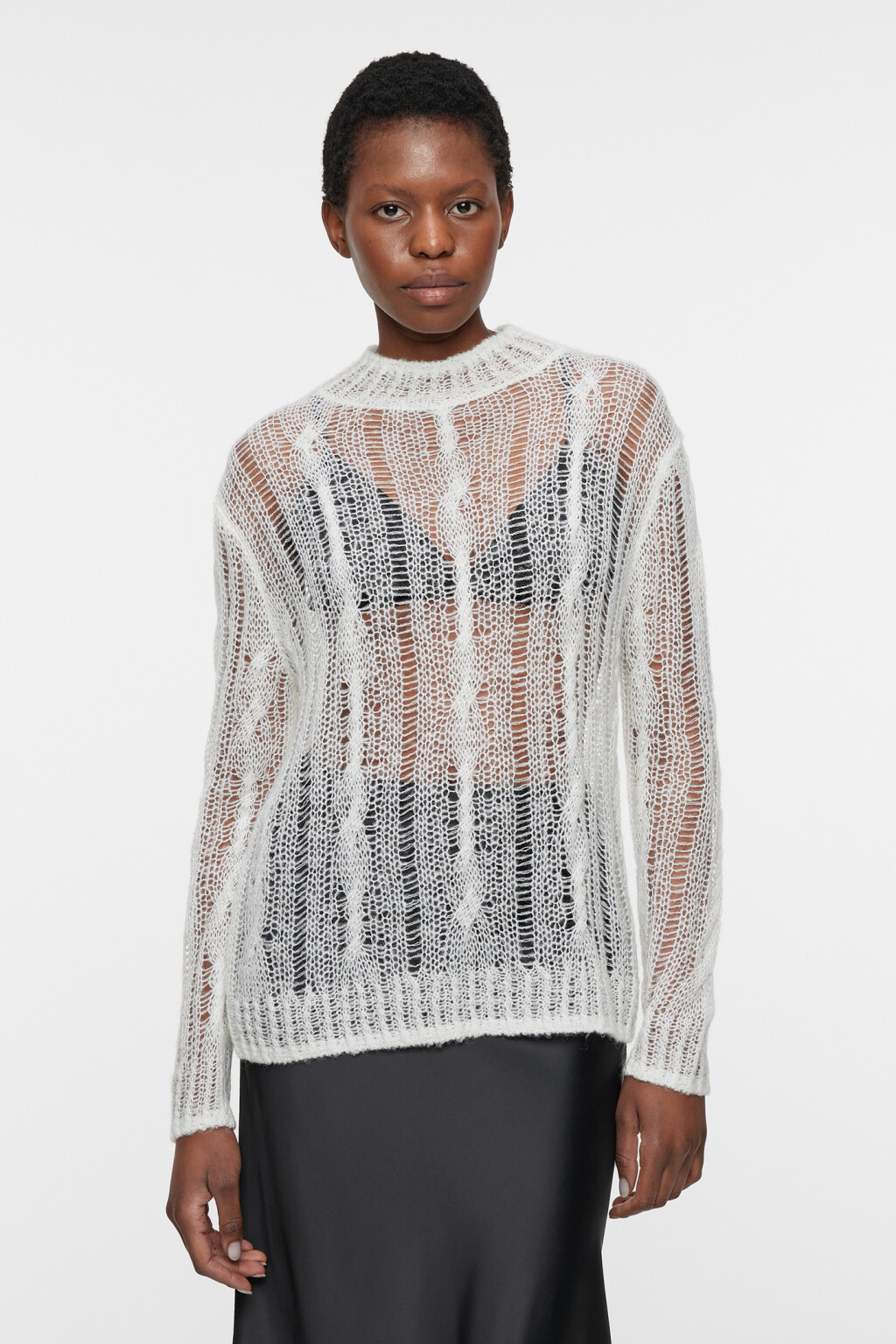 Свитер ажурный прозрачный с узором-косичкой - цвет белый - 1