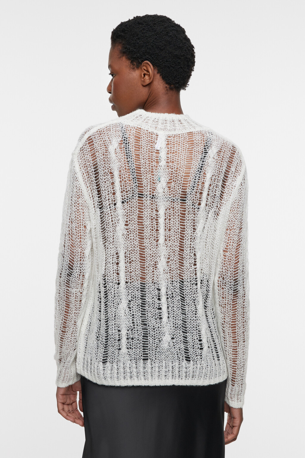 Свитер ажурный прозрачный с узором-косичкой - цвет белый - 3