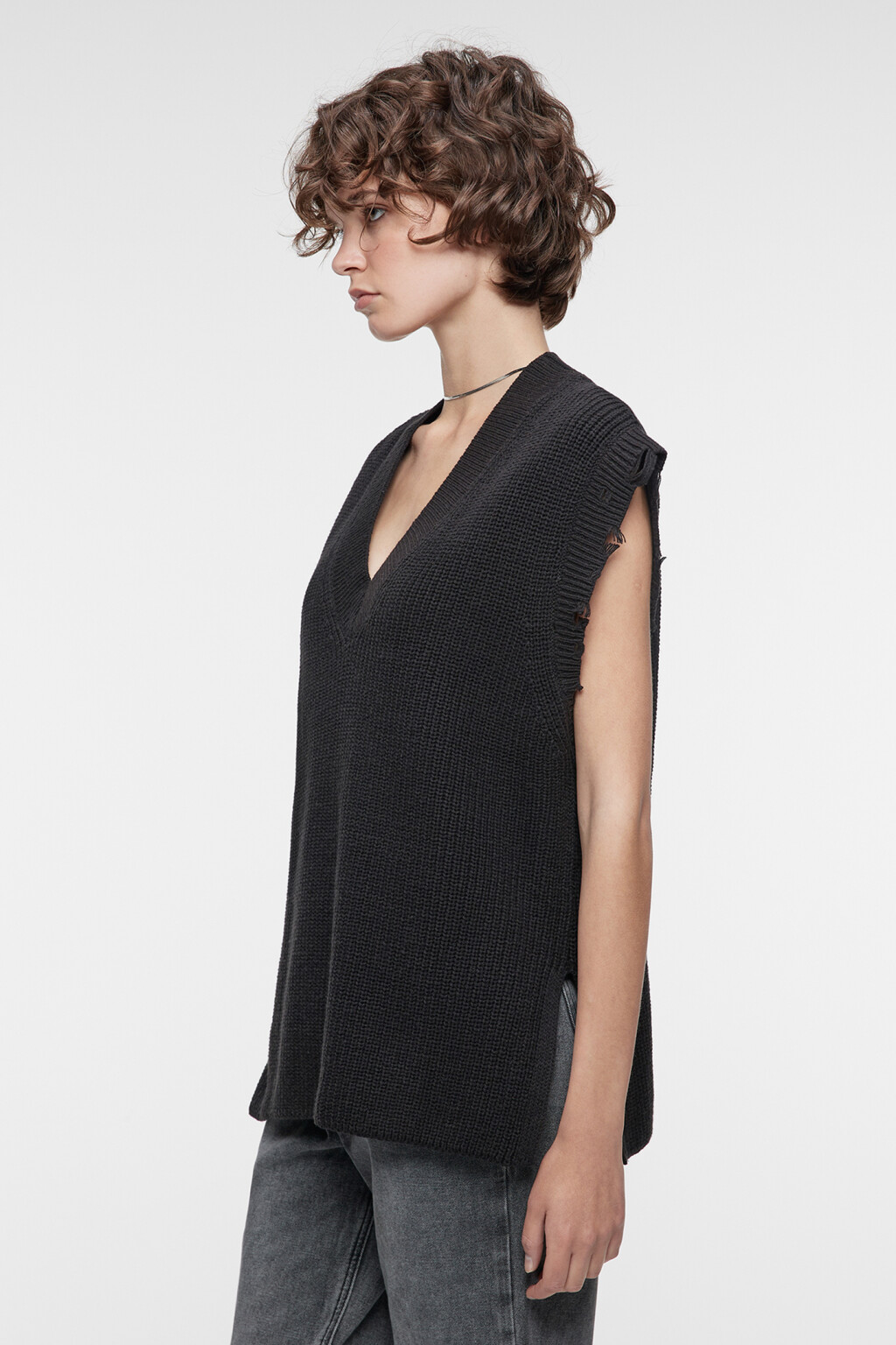 Жилет oversize вязаный хлопковый с рваными краями - цвет черный - 3