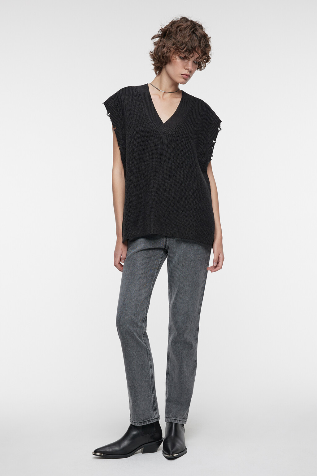 Жилет oversize вязаный хлопковый с рваными краями - цвет черный - 1