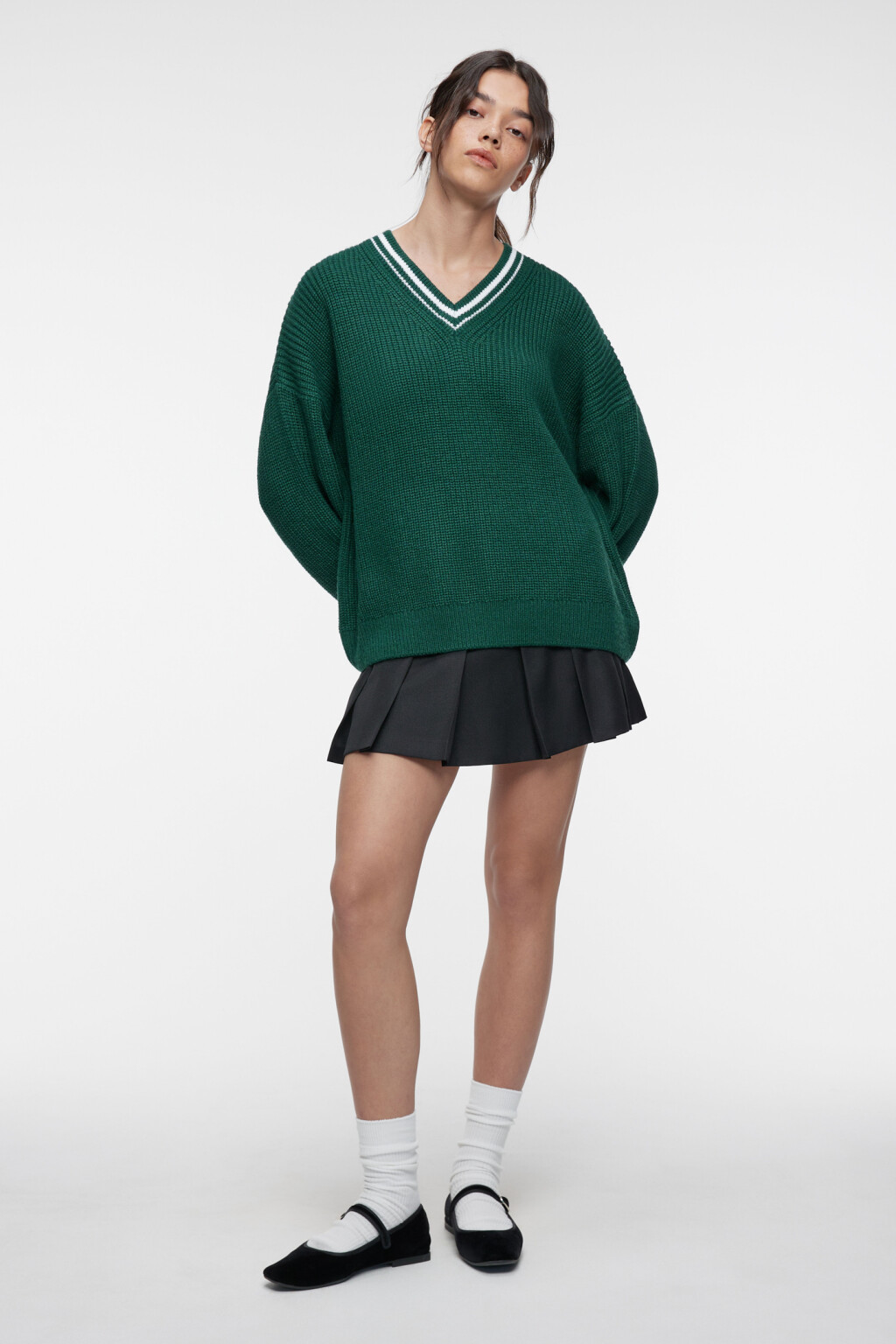 Джемпер oversize толстой вязки с контрастными полосками - цвет зеленый - 1