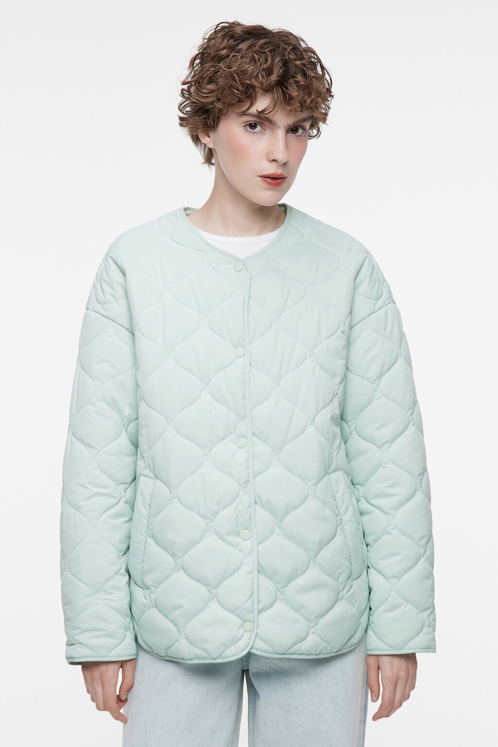 Куртка стеганая короткая с круглым вырезом без воротника - цвет мятный - 2