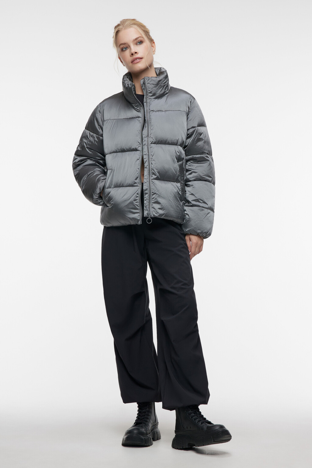 Куртка стеганая короткая с воротником-стойкой - цвет серый - 1