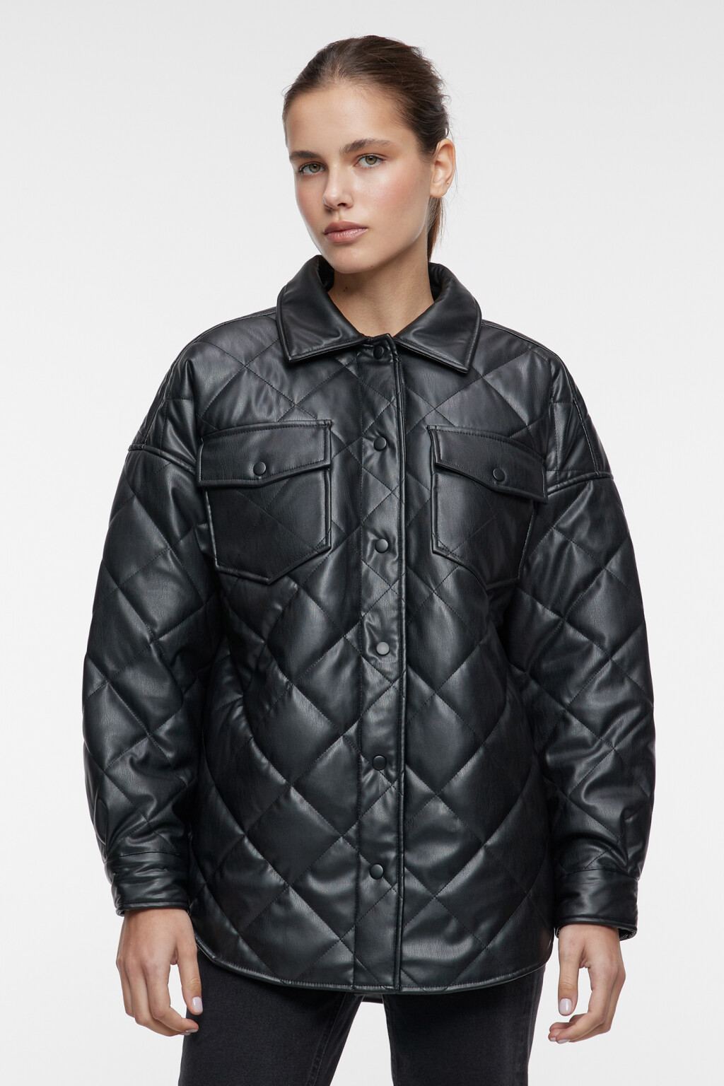 Куртка-рубашка oversize стеганая из искусственной кожи - цвет черный - 1
