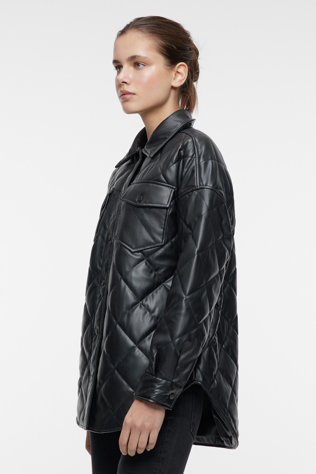 Куртка-рубашка oversize стеганая из искусственной кожи - цвет черный - 2