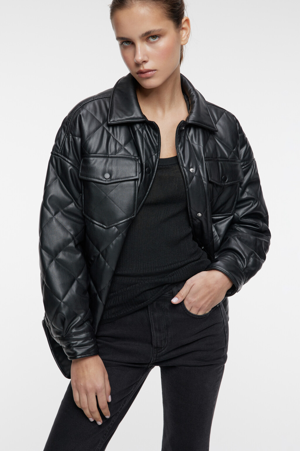 Куртка-рубашка oversize стеганая из искусственной кожи - цвет черный - 8