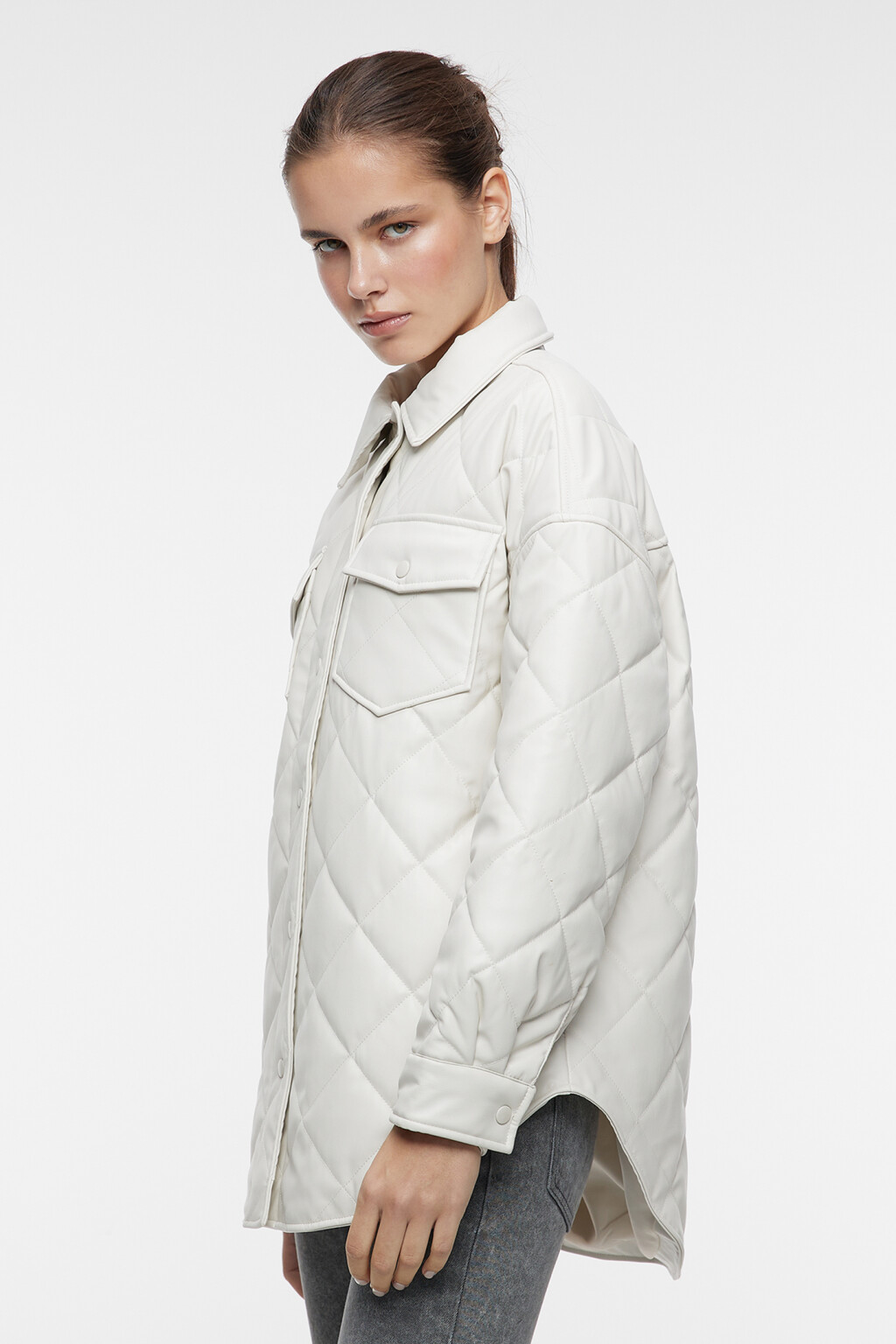 Куртка-рубашка oversize стеганая из искусственной кожи - цвет бежевый - 3
