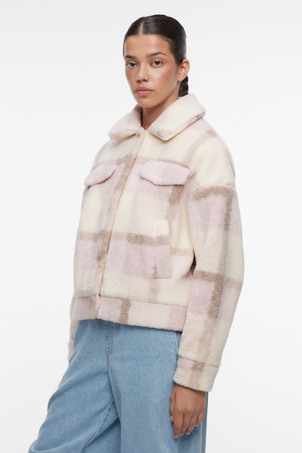 Куртка-рубашка короткая в клетку - цвет розовый - 3