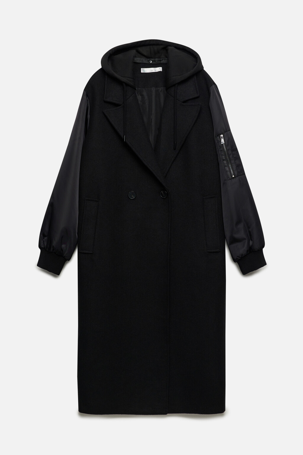 Пальто двубортное драповое с рукавами бомбера - цвет черный - 9