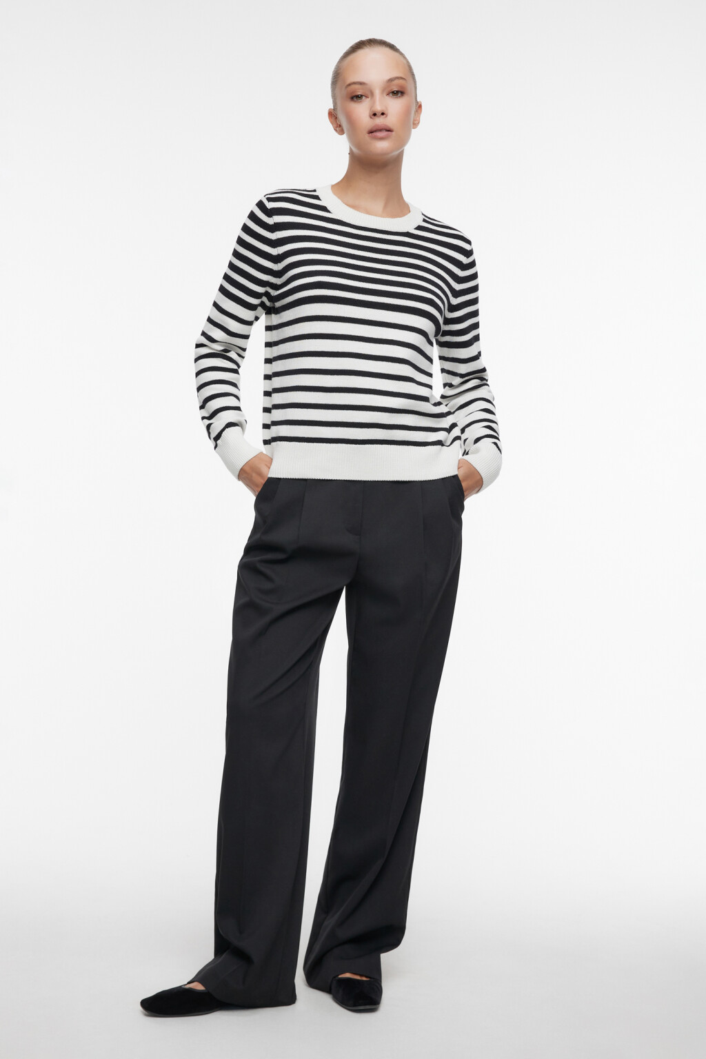 Джемпер вязаный хлопковый с принтом в полоску - цвет белый - 1