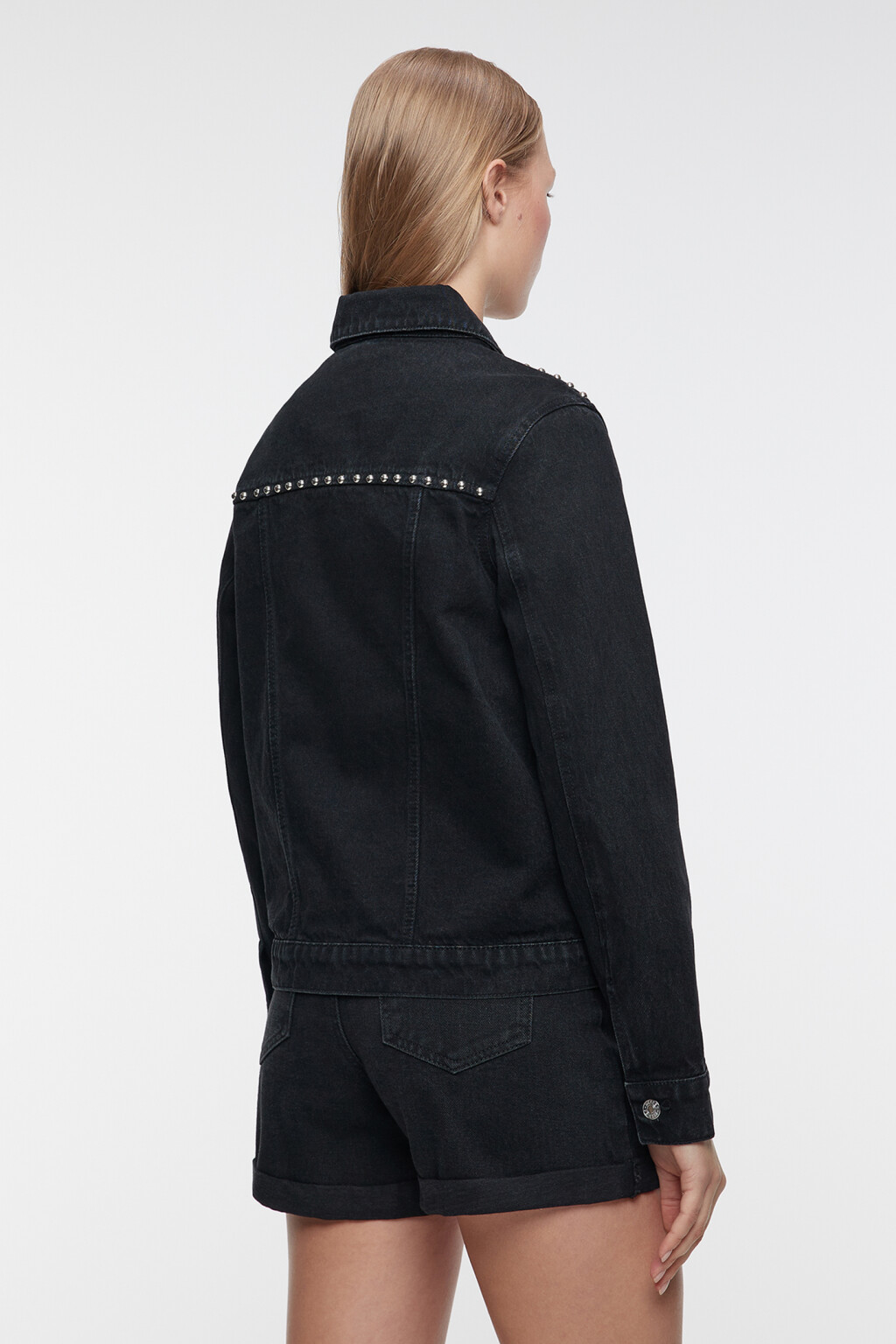 Куртка-рубашка джинсовая с металлическими заклепками - цвет черный - 4