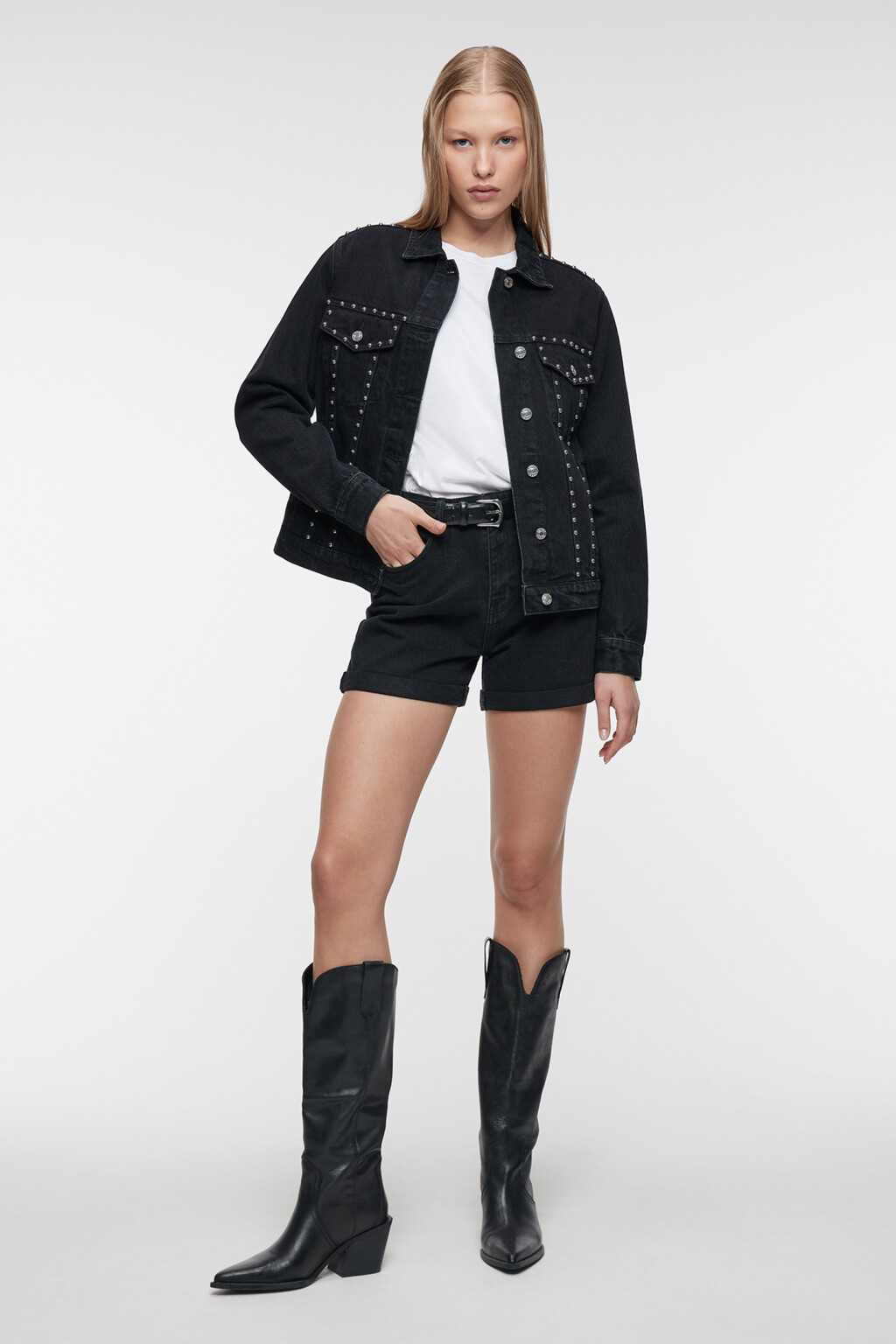 Куртка-рубашка джинсовая с металлическими заклепками - цвет черный - 1