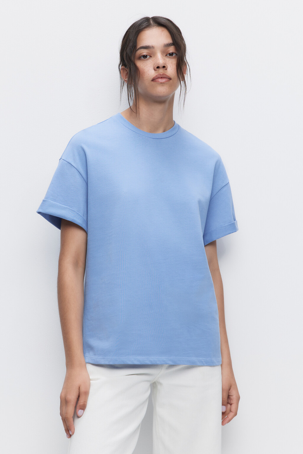 Футболка oversize хлопковая с подвернутыми рукавами - цвет голубой - 1