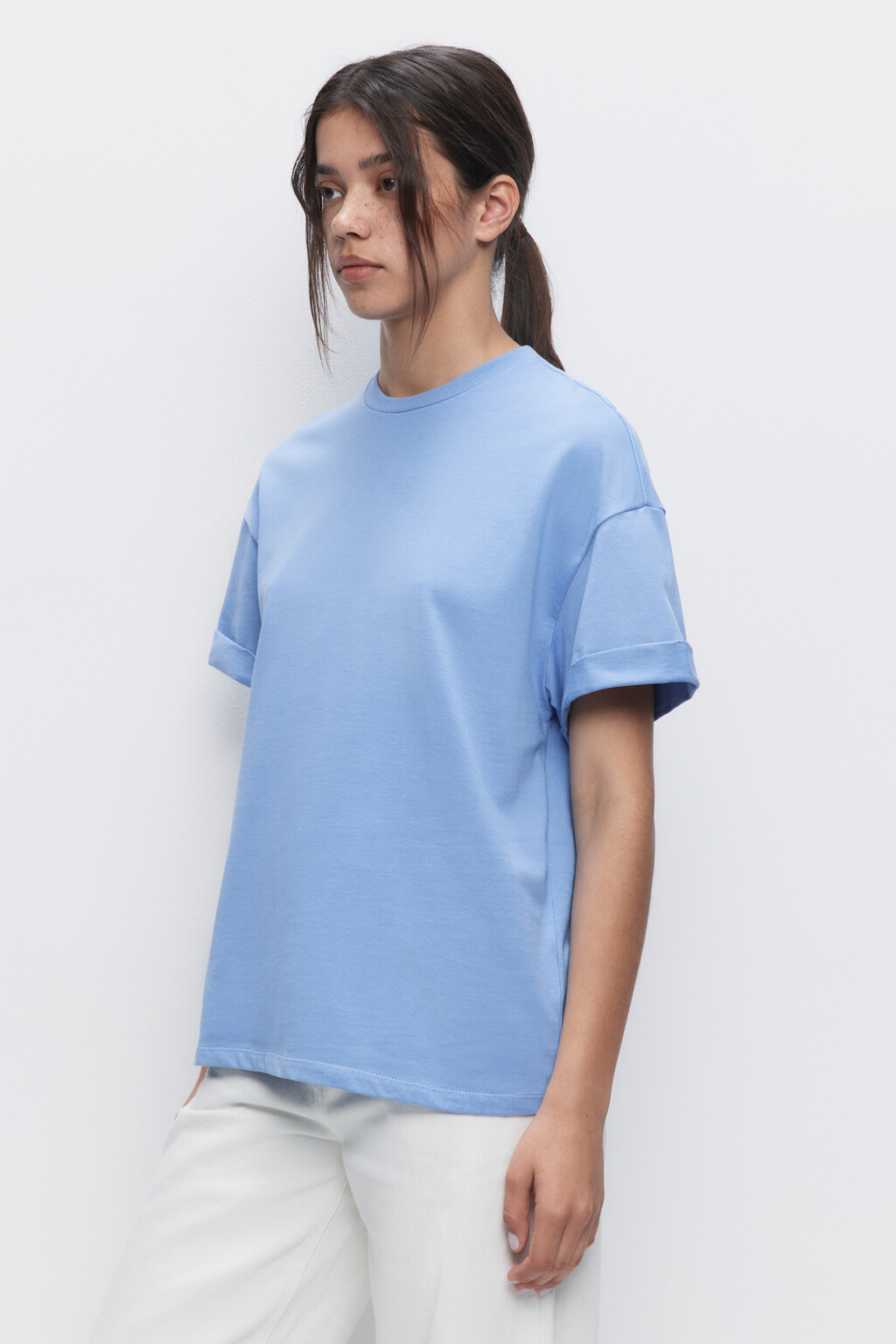Футболка oversize хлопковая с подвернутыми рукавами - цвет голубой - 2