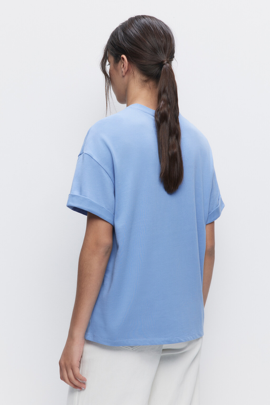 Футболка oversize хлопковая с подвернутыми рукавами - цвет голубой - 3
