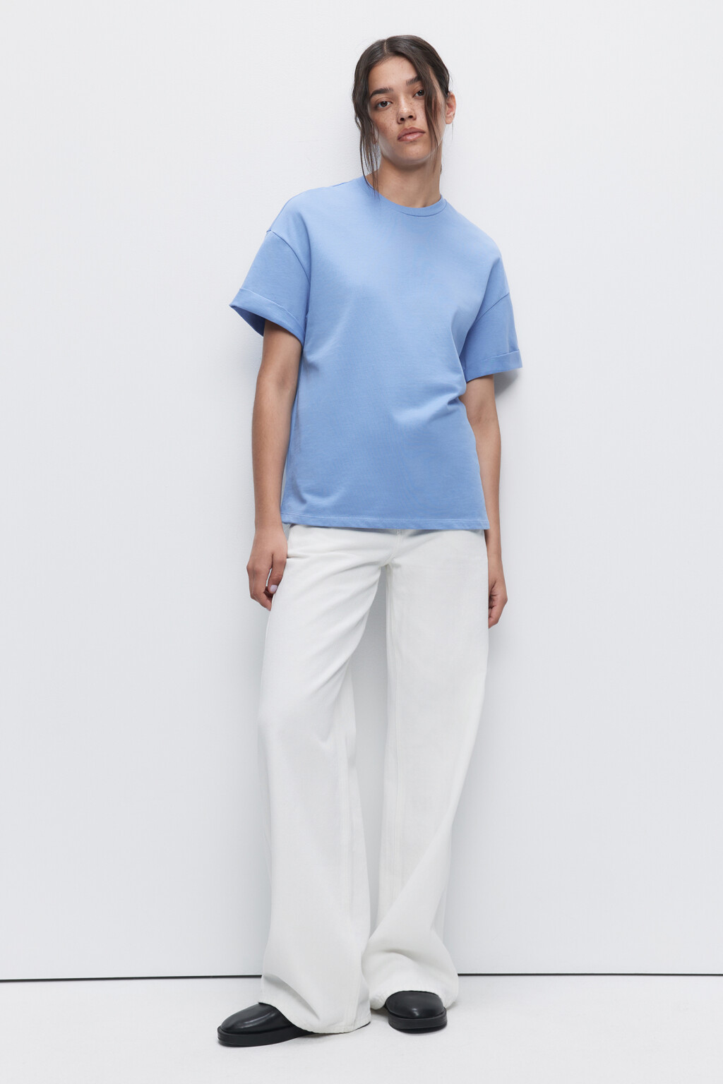 Футболка oversize хлопковая с подвернутыми рукавами - цвет голубой - 4