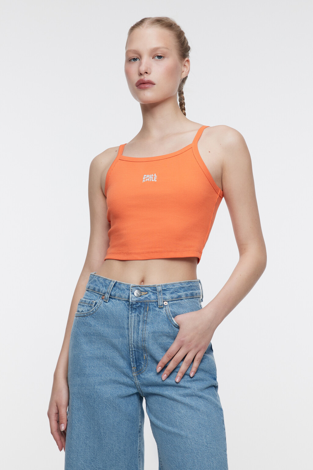 Майка-топ хлопковая с принтом на тонких бретельках - цвет оранжевый - 2
