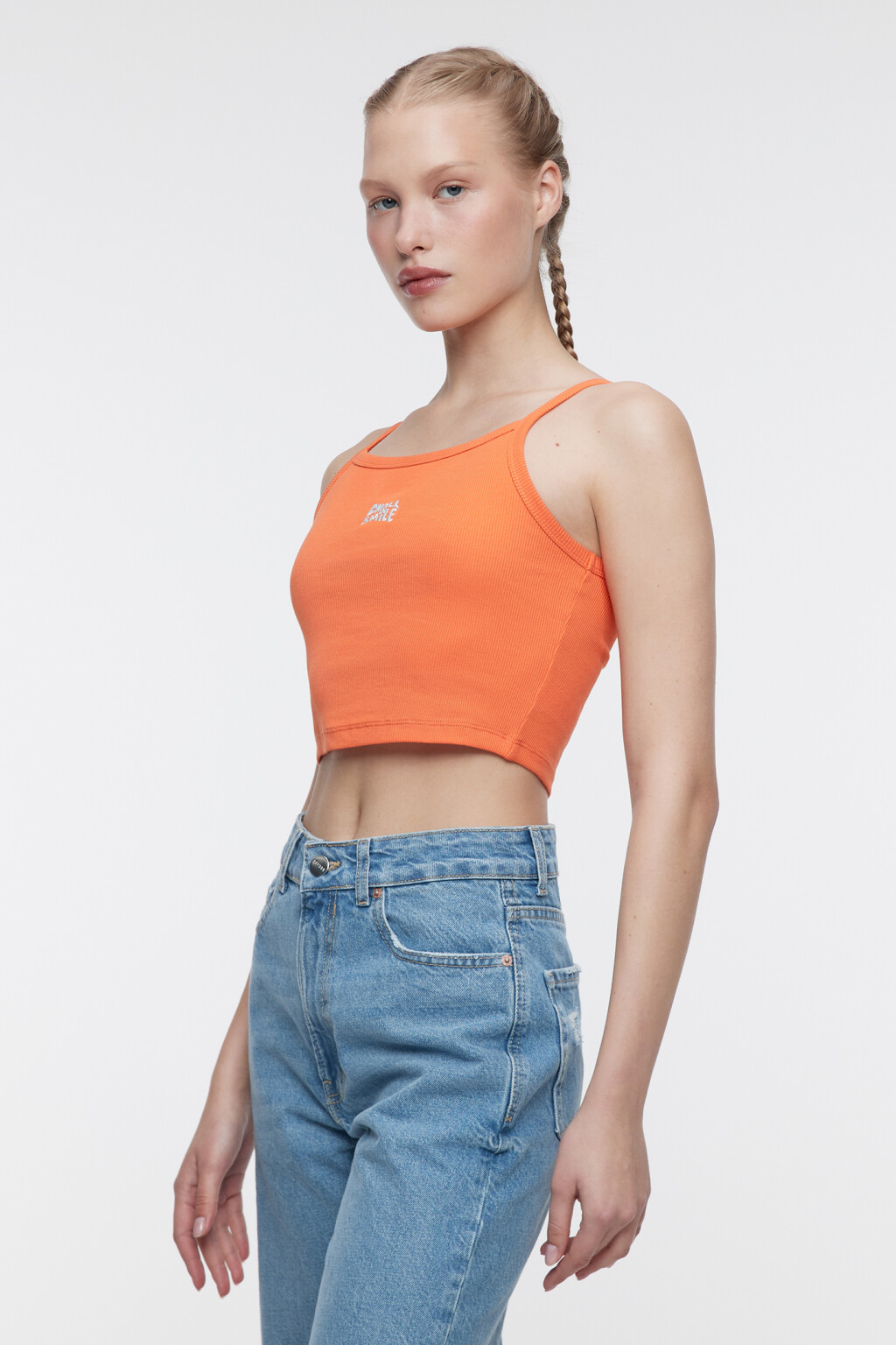 Майка-топ хлопковая с принтом на тонких бретельках - цвет оранжевый - 3