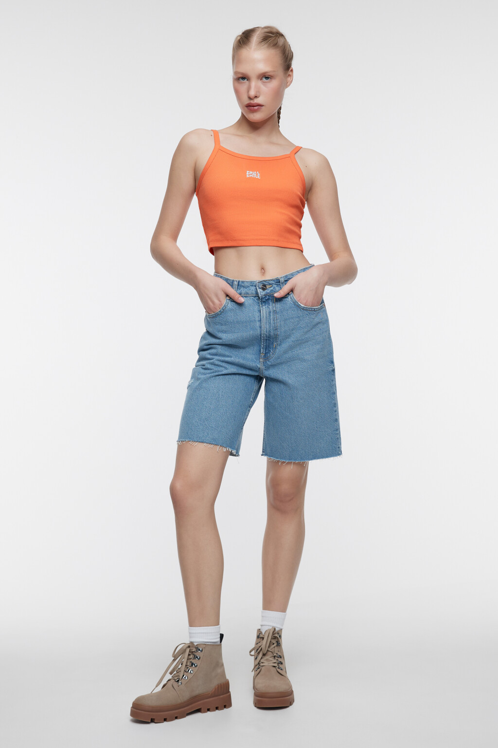 Майка-топ хлопковая с принтом на тонких бретельках - цвет оранжевый - 5