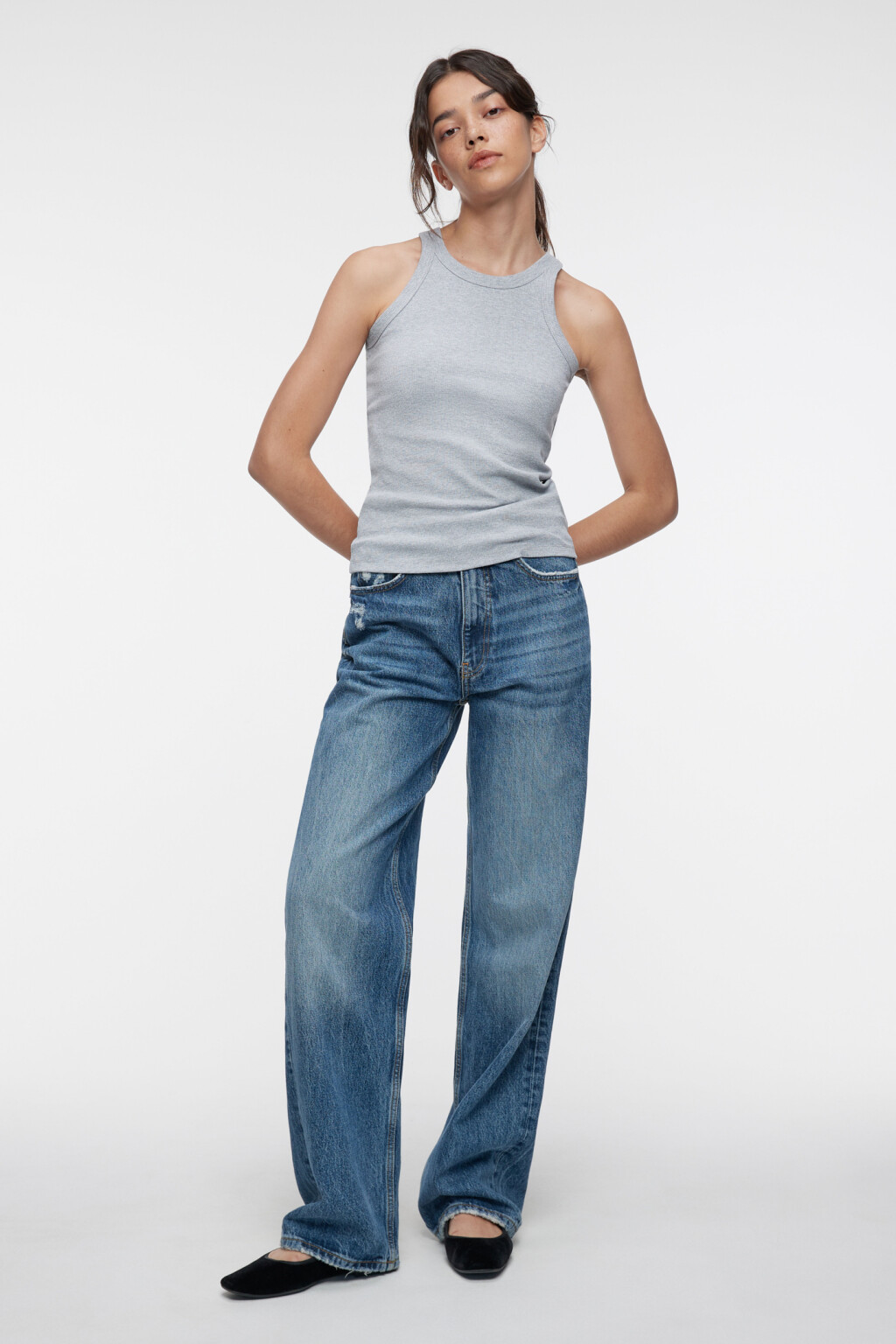 Майка-топ хлопковая облегающая в рубчик - цвет серый - 4