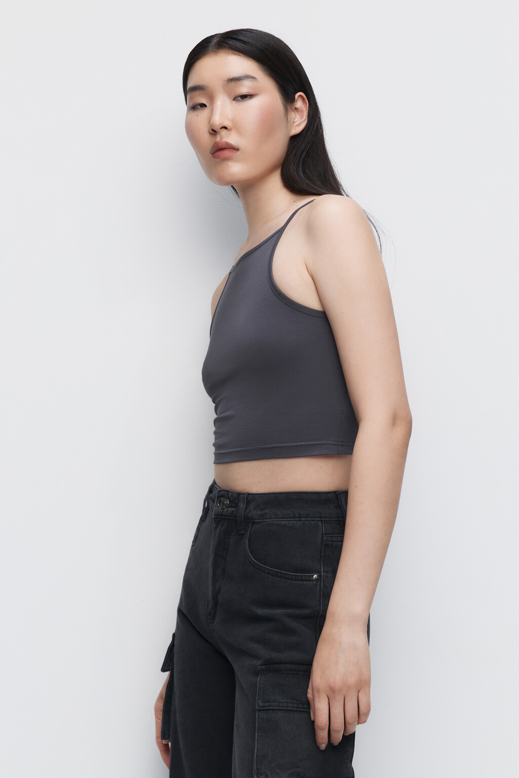 Топ-майка хлопковый укороченный на тонких бретельках - цвет серый - 2