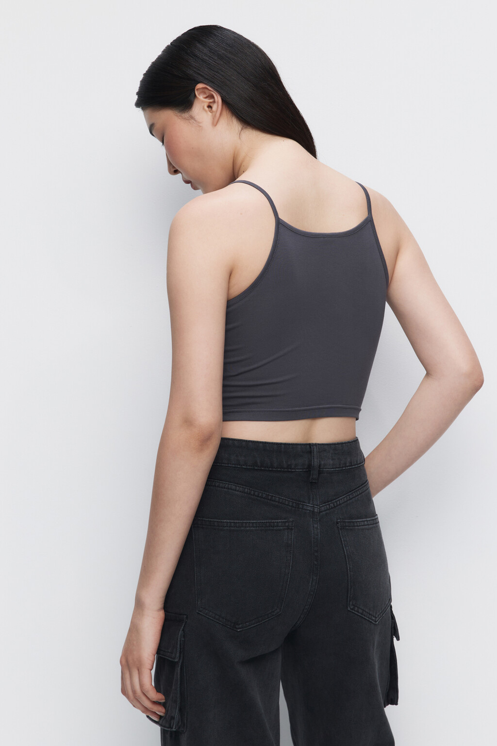 Топ-майка хлопковый укороченный на тонких бретельках - цвет серый - 3