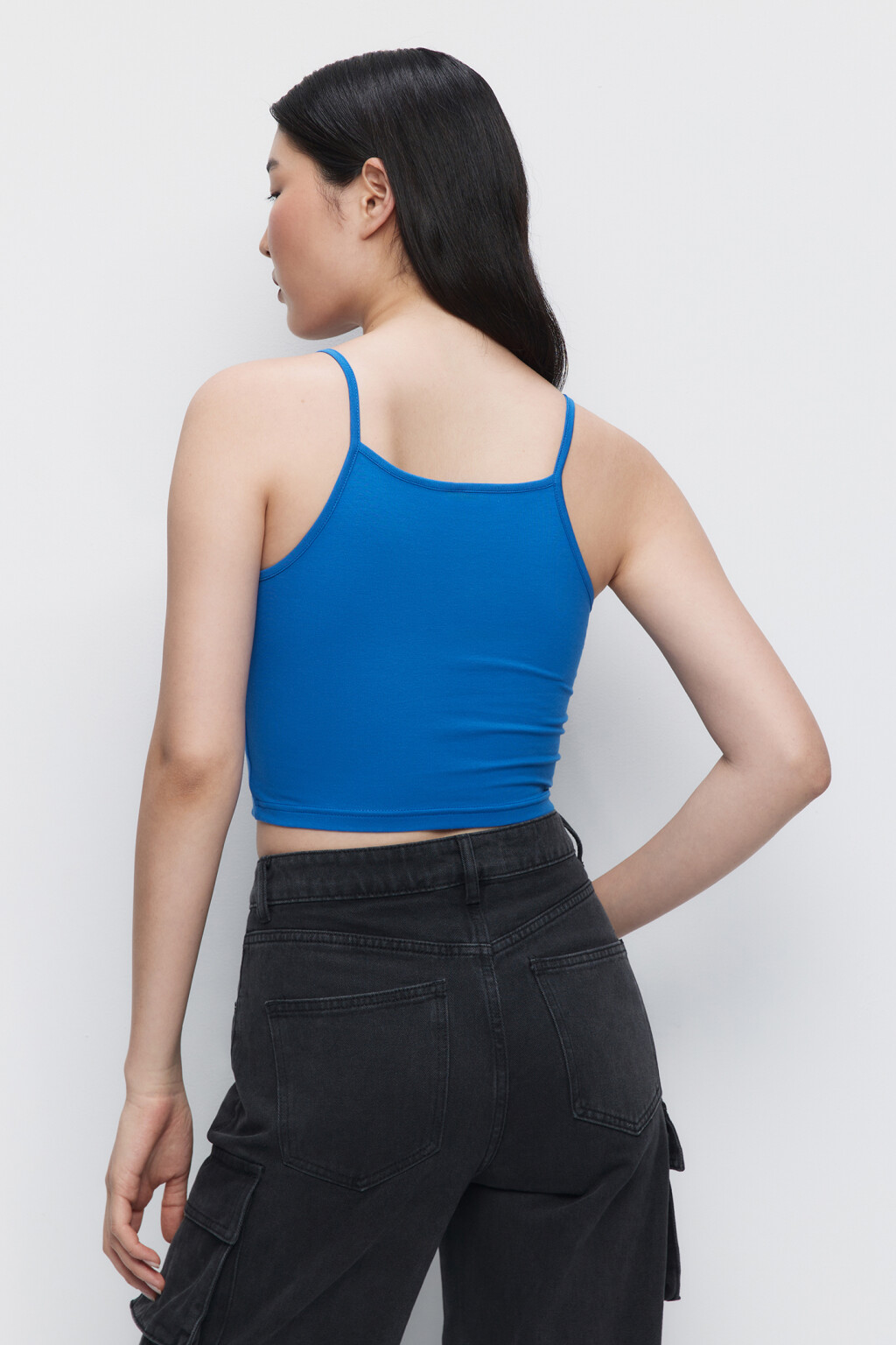 Топ-майка хлопковый укороченный на тонких бретельках - цвет синий - 4