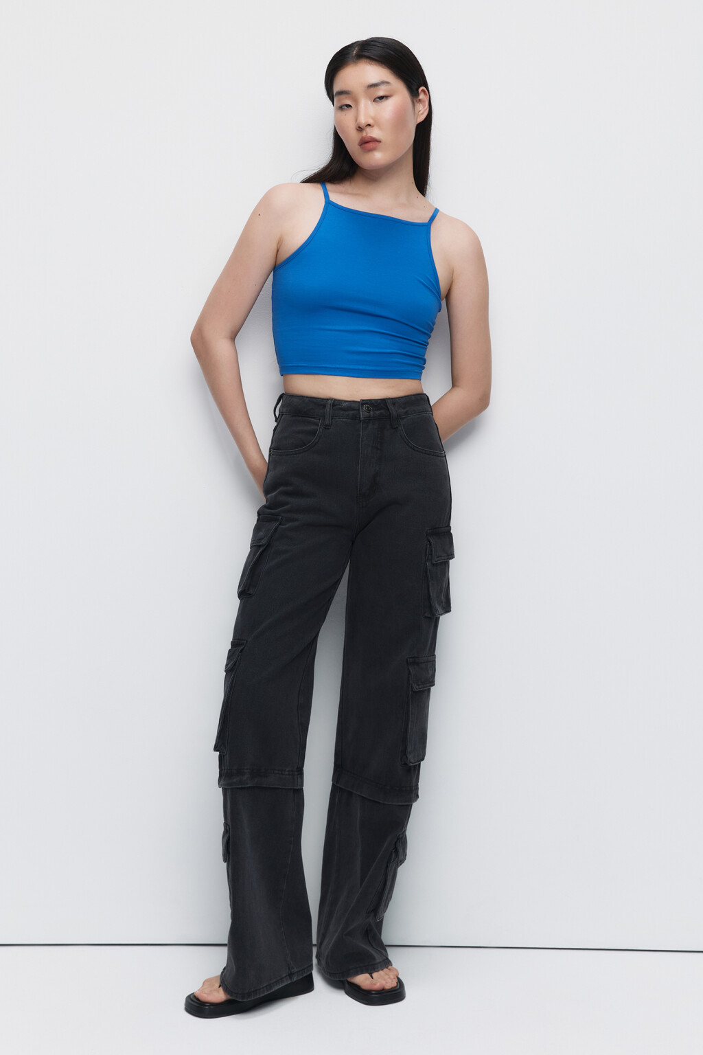 Топ-майка хлопковый укороченный на тонких бретельках - цвет синий - 1