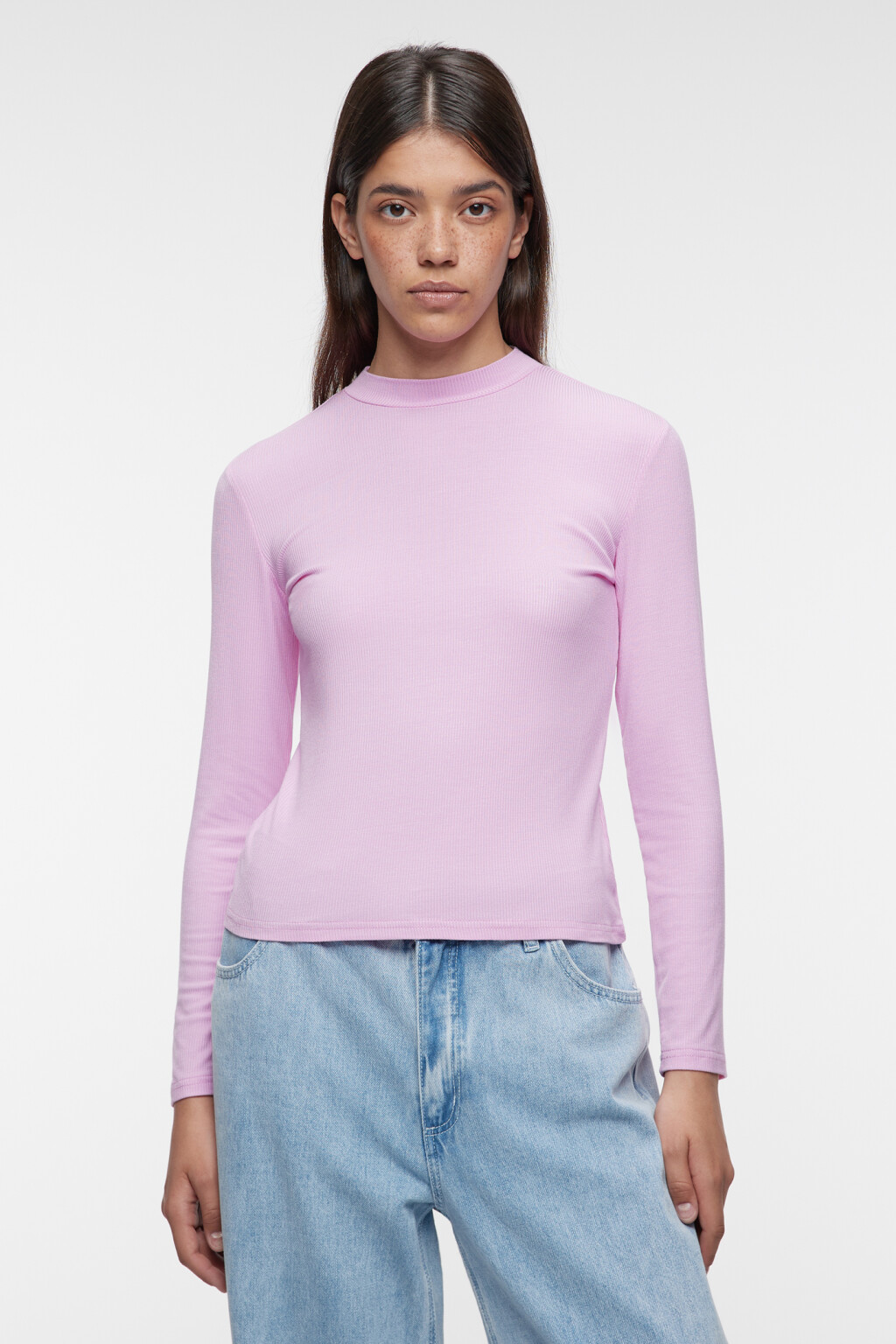 Лонгслив вискозный с коротким воротником-стойкой - цвет розовый - 1