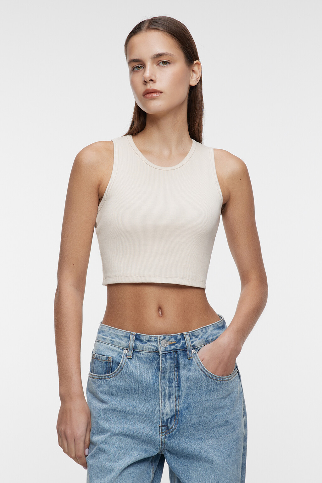 Топ-майка хлопковый укороченный на широких бретелях - цвет бежевый - 1