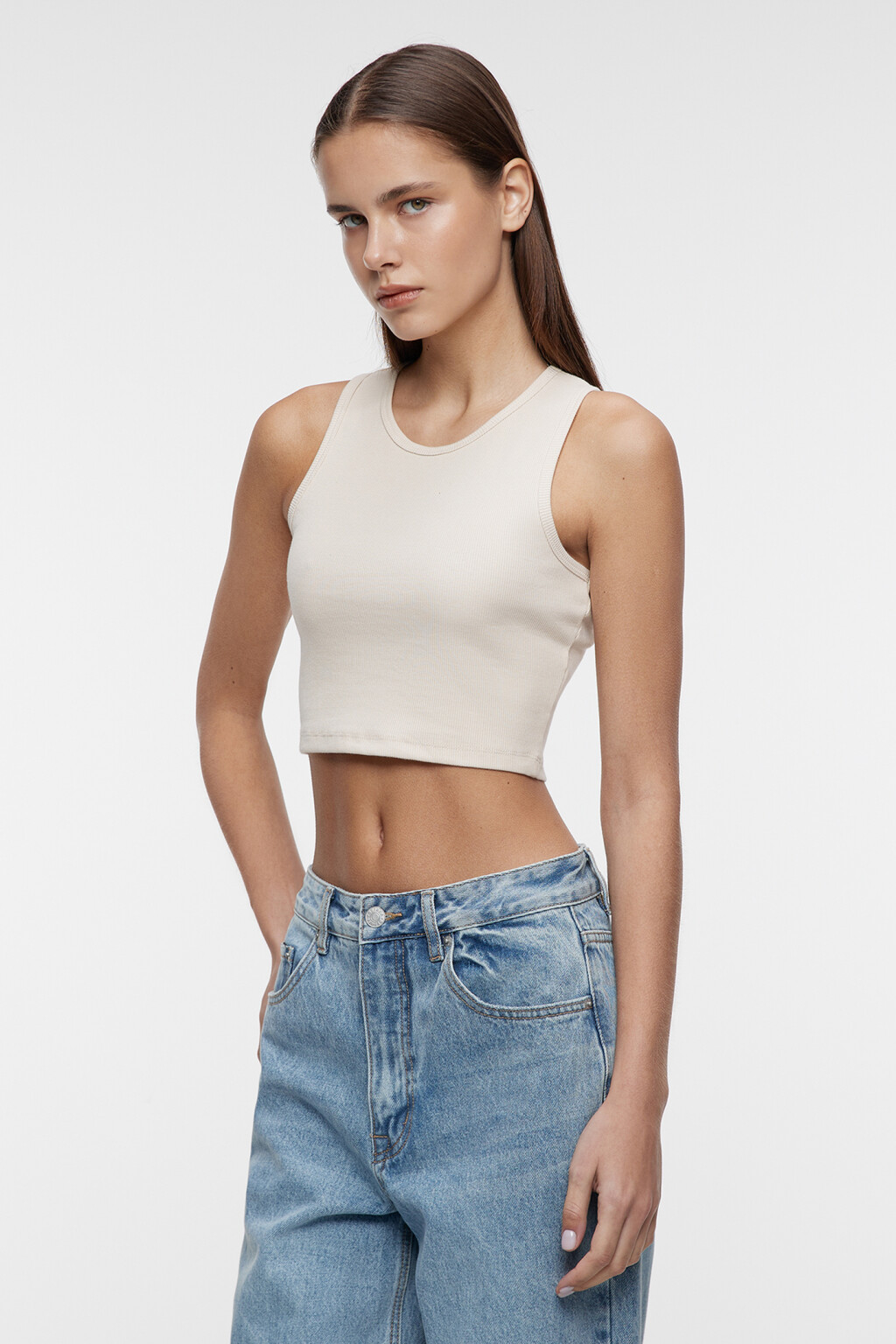 Топ-майка хлопковый укороченный на широких бретелях - цвет бежевый - 2