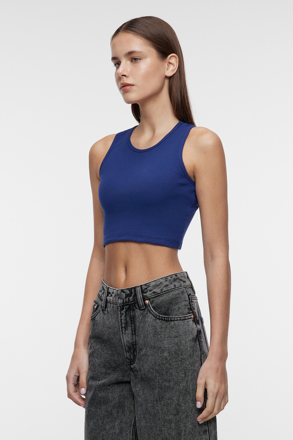 Топ-майка хлопковый укороченный на широких бретелях - цвет синий - 3