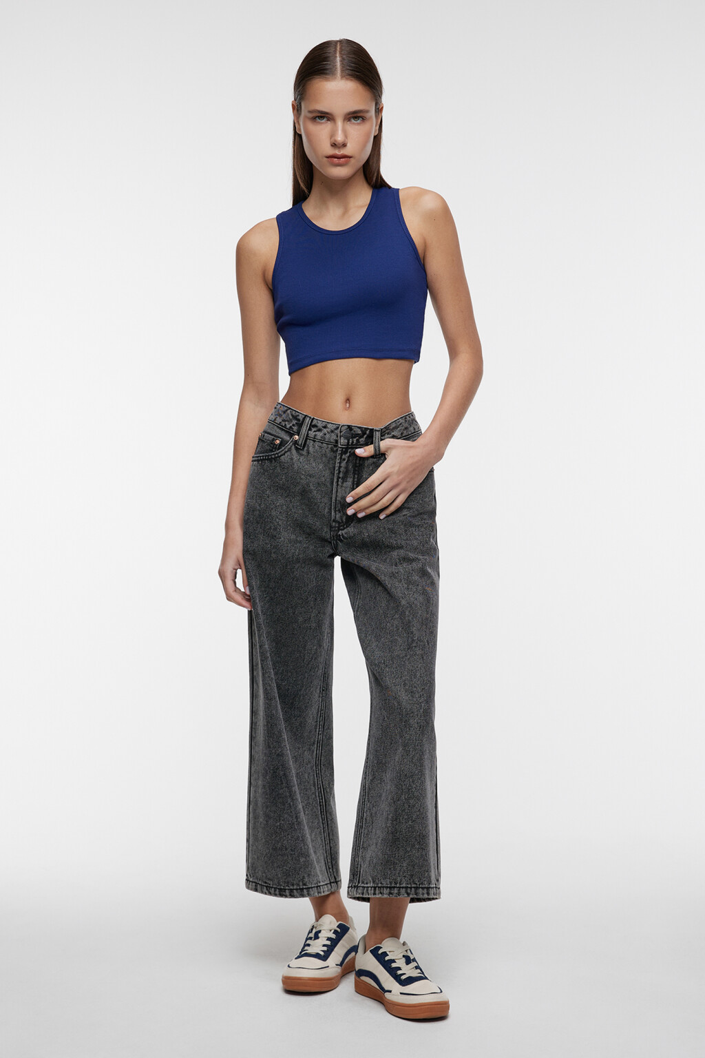 Топ-майка хлопковый укороченный на широких бретелях - цвет синий - 1