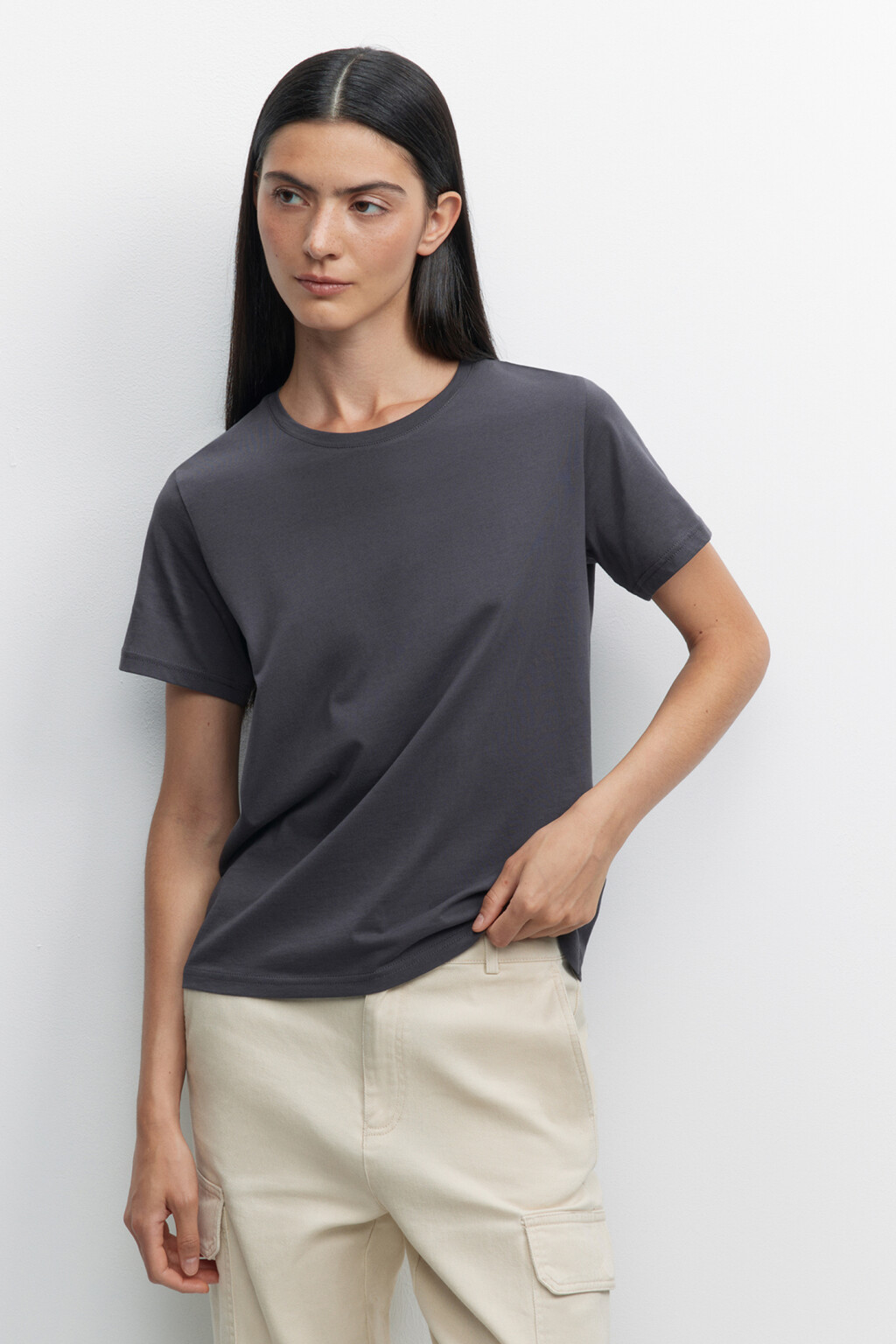 Футболка прямая хлопковая в однотонных расцветках - цвет серый - 1