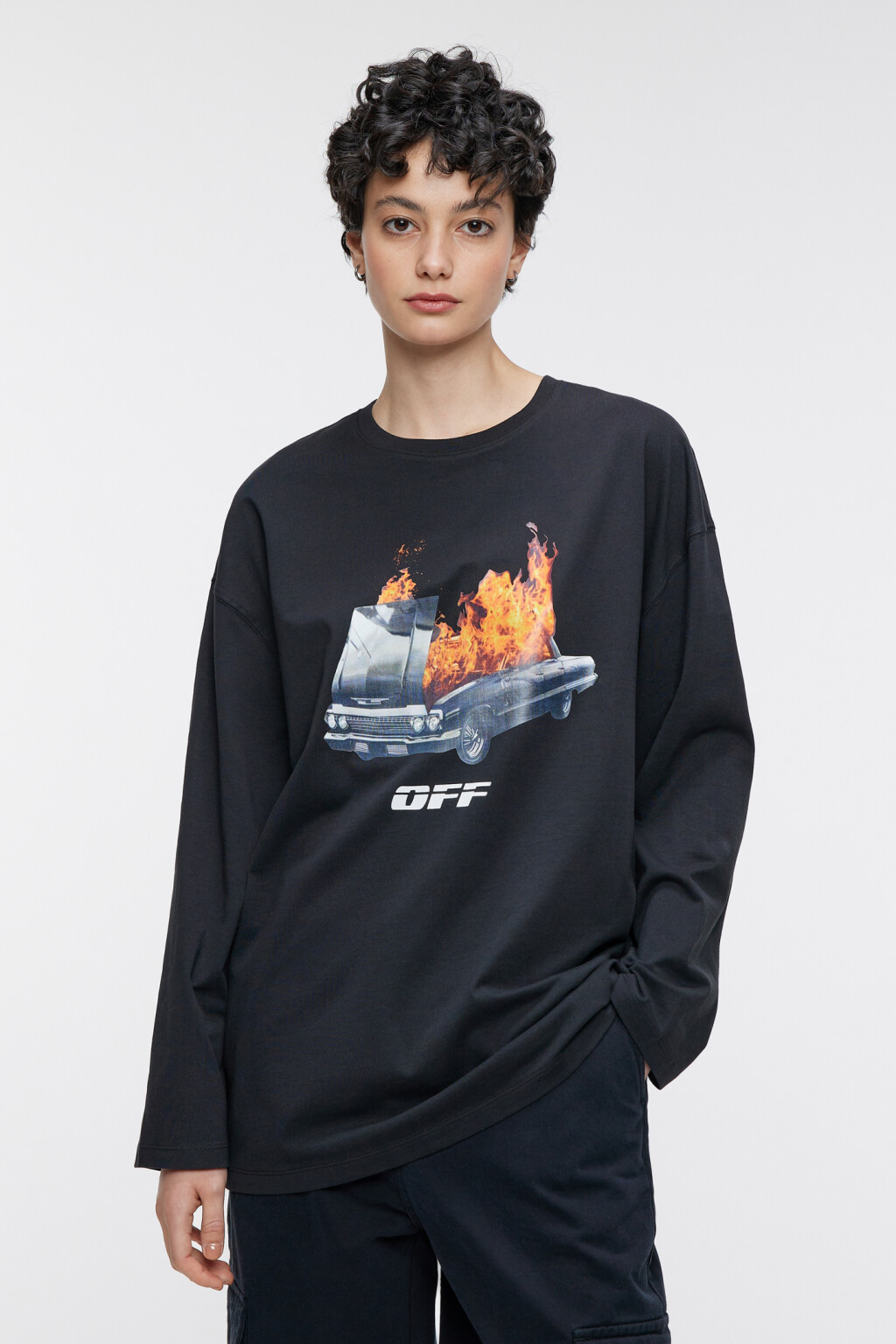 Лонгслив oversize трикотажный хлопковый с принтом - цвет черный - 2