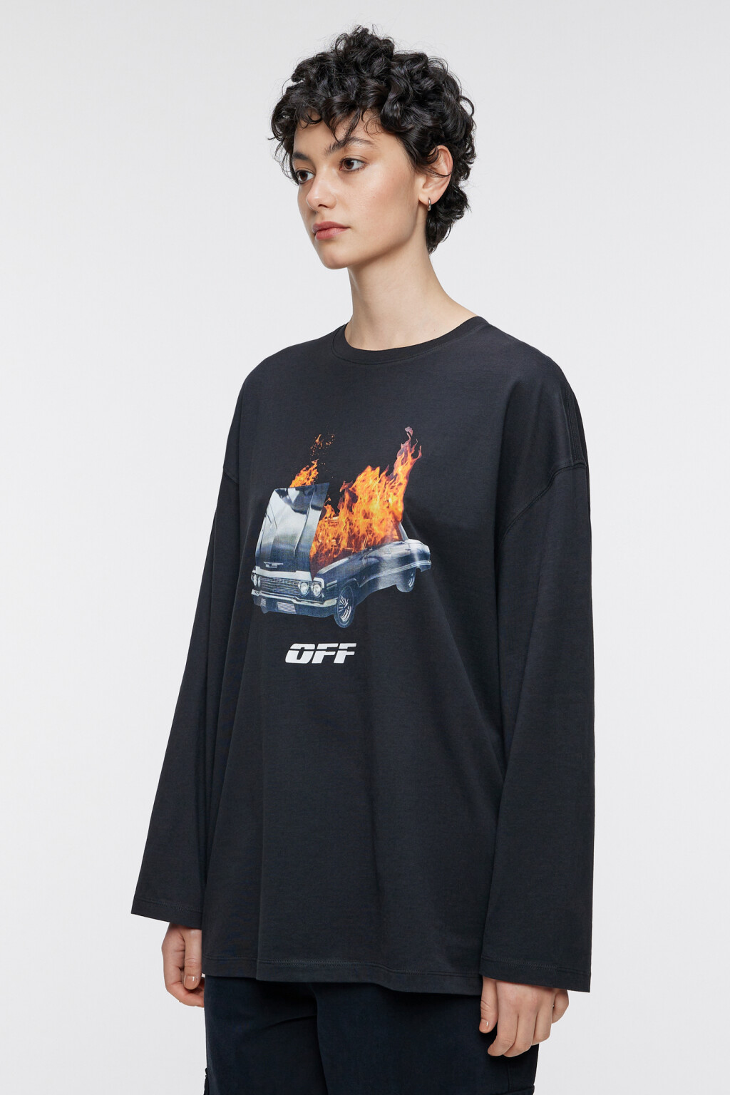 Лонгслив oversize трикотажный хлопковый с принтом - цвет черный - 3