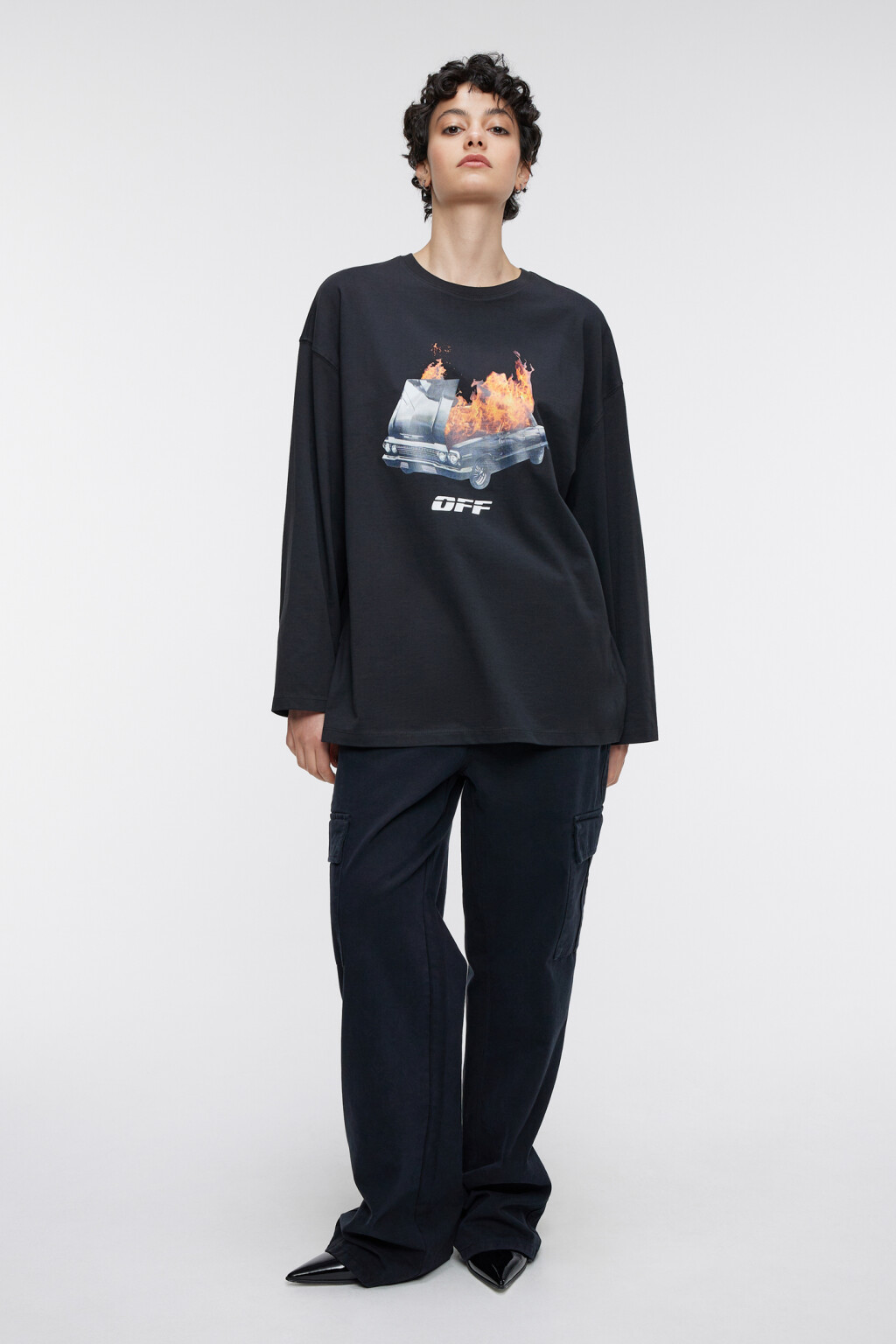 Лонгслив oversize трикотажный хлопковый с принтом - цвет черный - 1