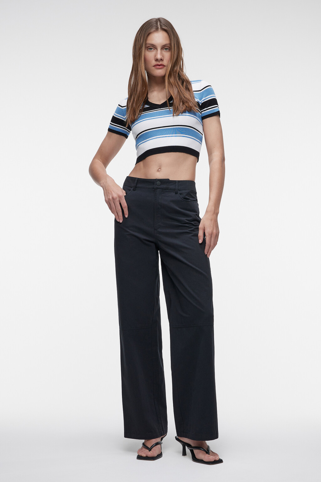 Брюки прямые хлопковые со средней посадкой - цвет черный - 1