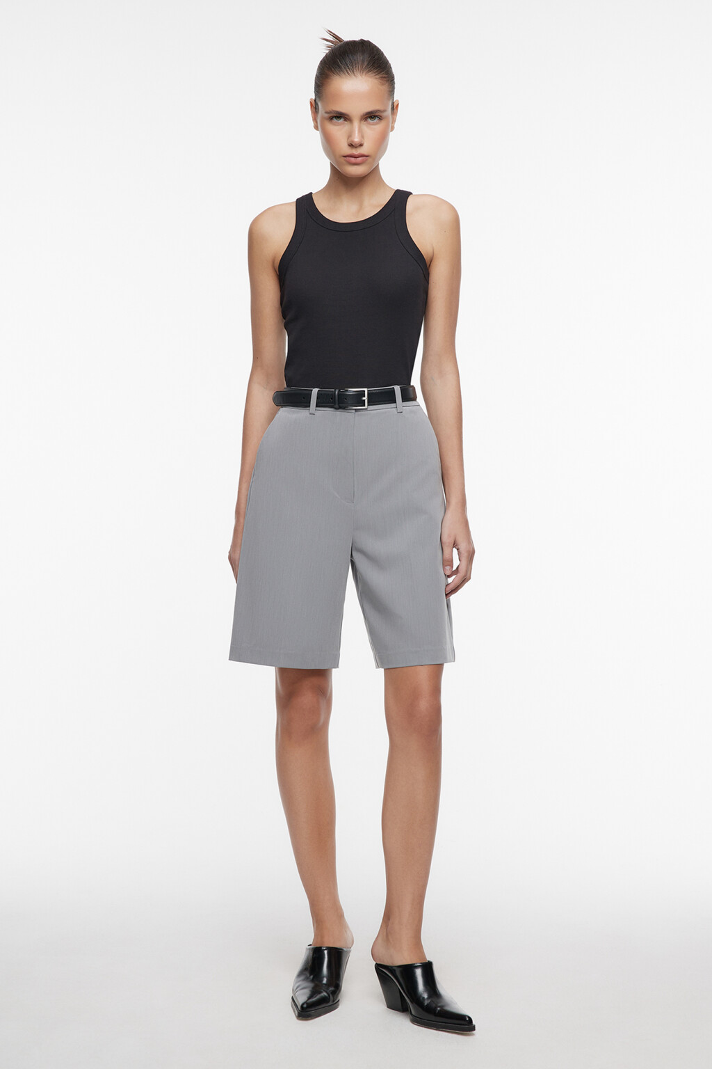 Шорты-бермуды костюмные прямые с высокой посадкой - цвет серый - 4