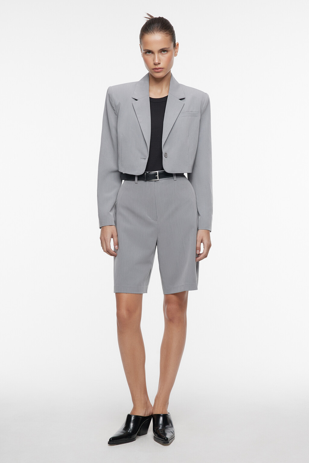 Шорты-бермуды костюмные прямые с высокой посадкой - цвет серый - 8