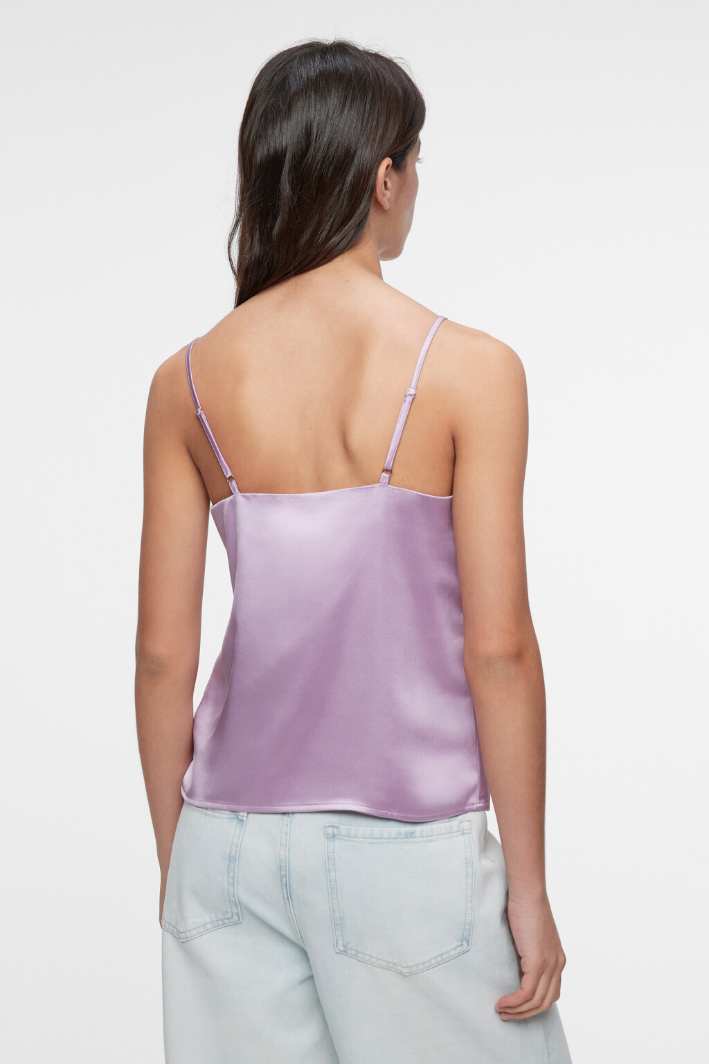 Блузка-майка сатиновая на тонких бретельках с кружевом - цвет розовый - 4