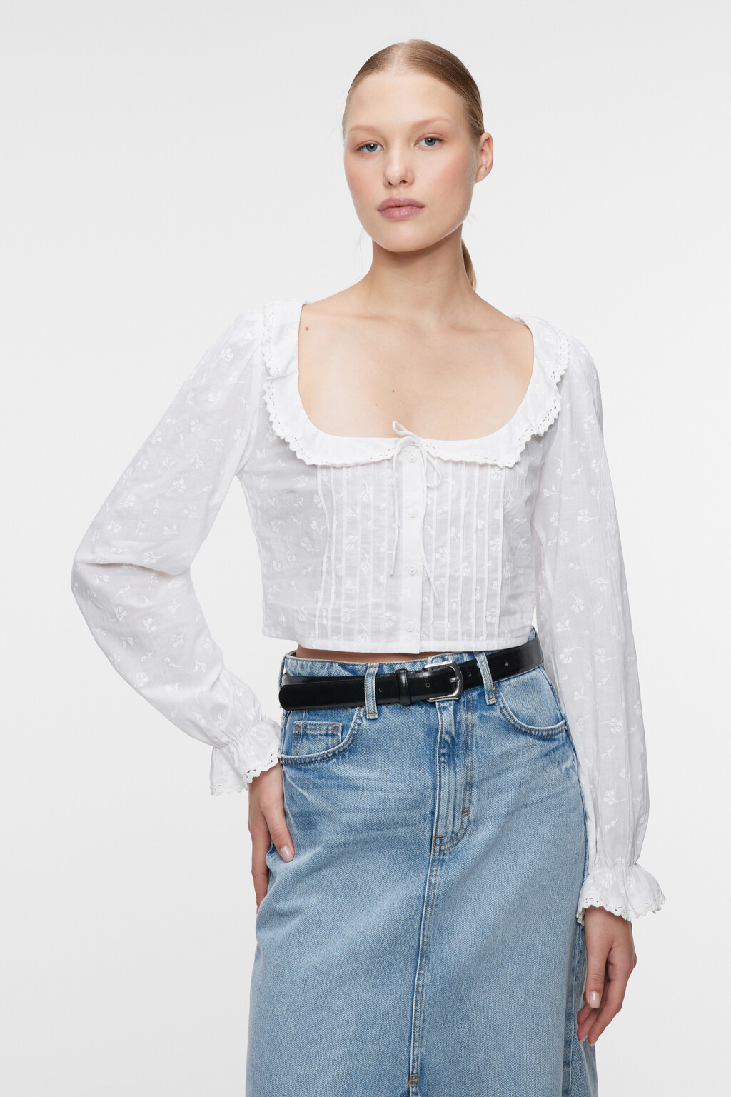 Блузка хлопковая с ажурным воротничком и манжетами - цвет белый - 2