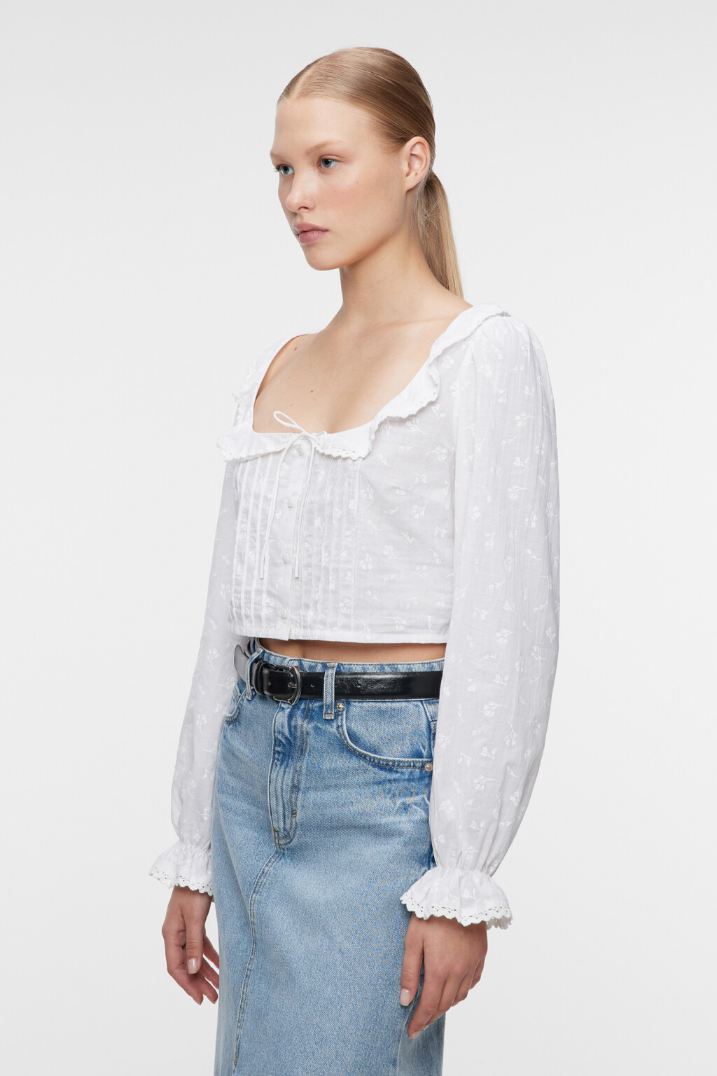 Блузка хлопковая с ажурным воротничком и манжетами - цвет белый - 3