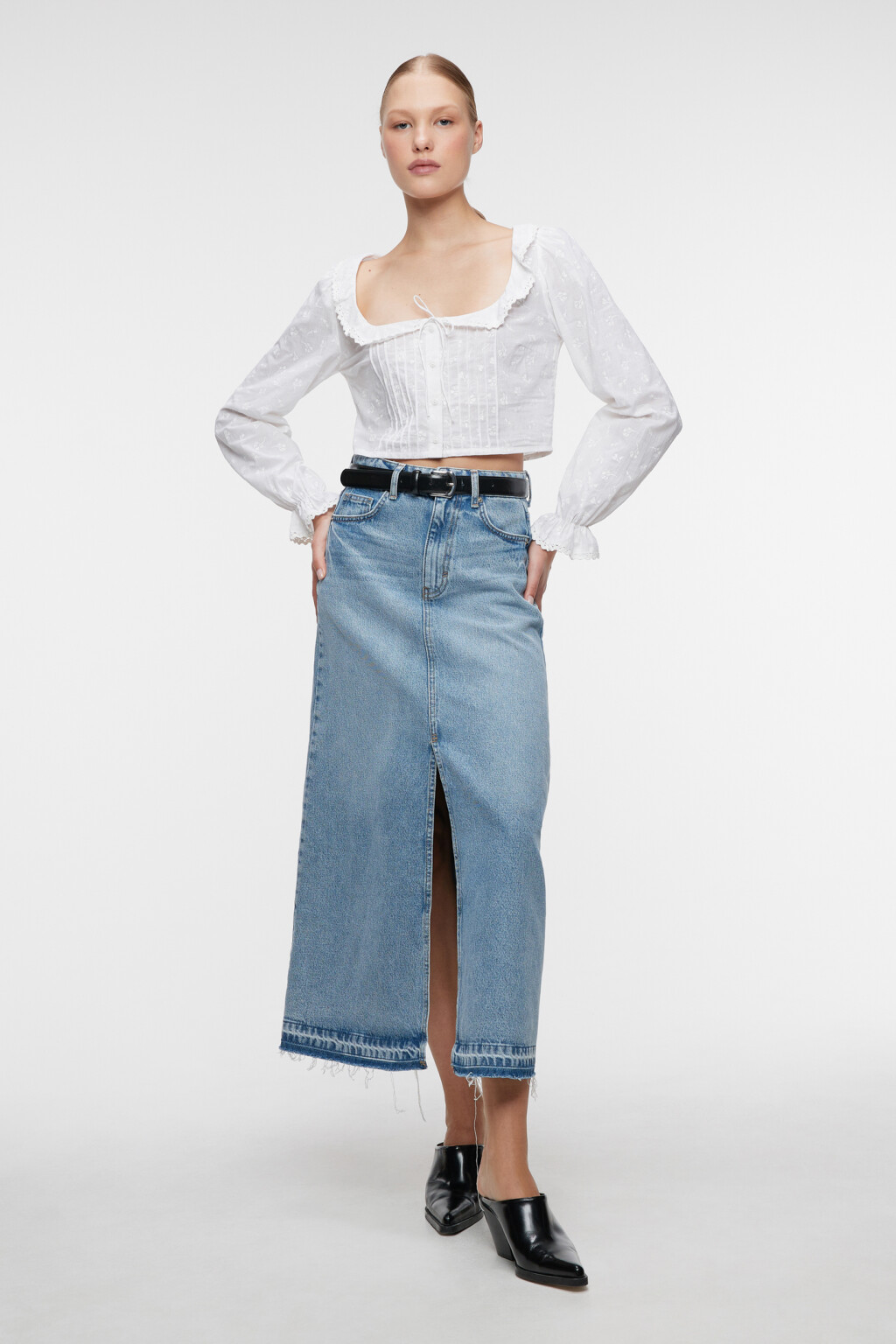 Блузка хлопковая с ажурным воротничком и манжетами - цвет белый - 1