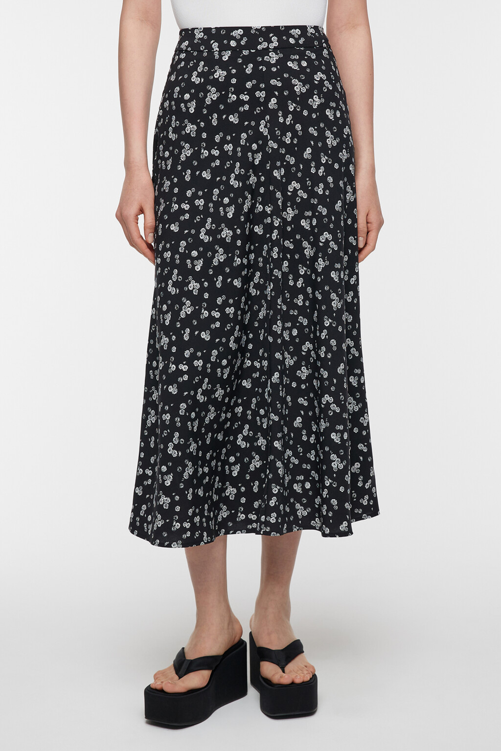 Юбка-трапеция миди с цветочным принтом - цвет черный - 1