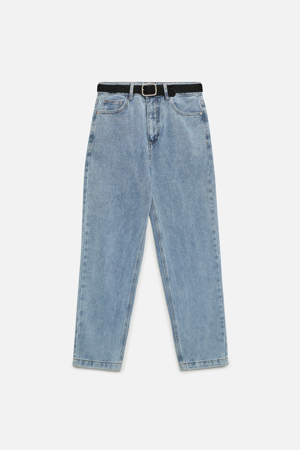 Джинсы mom-fit укороченные с бархатным ремнем - цвет голубой - 7