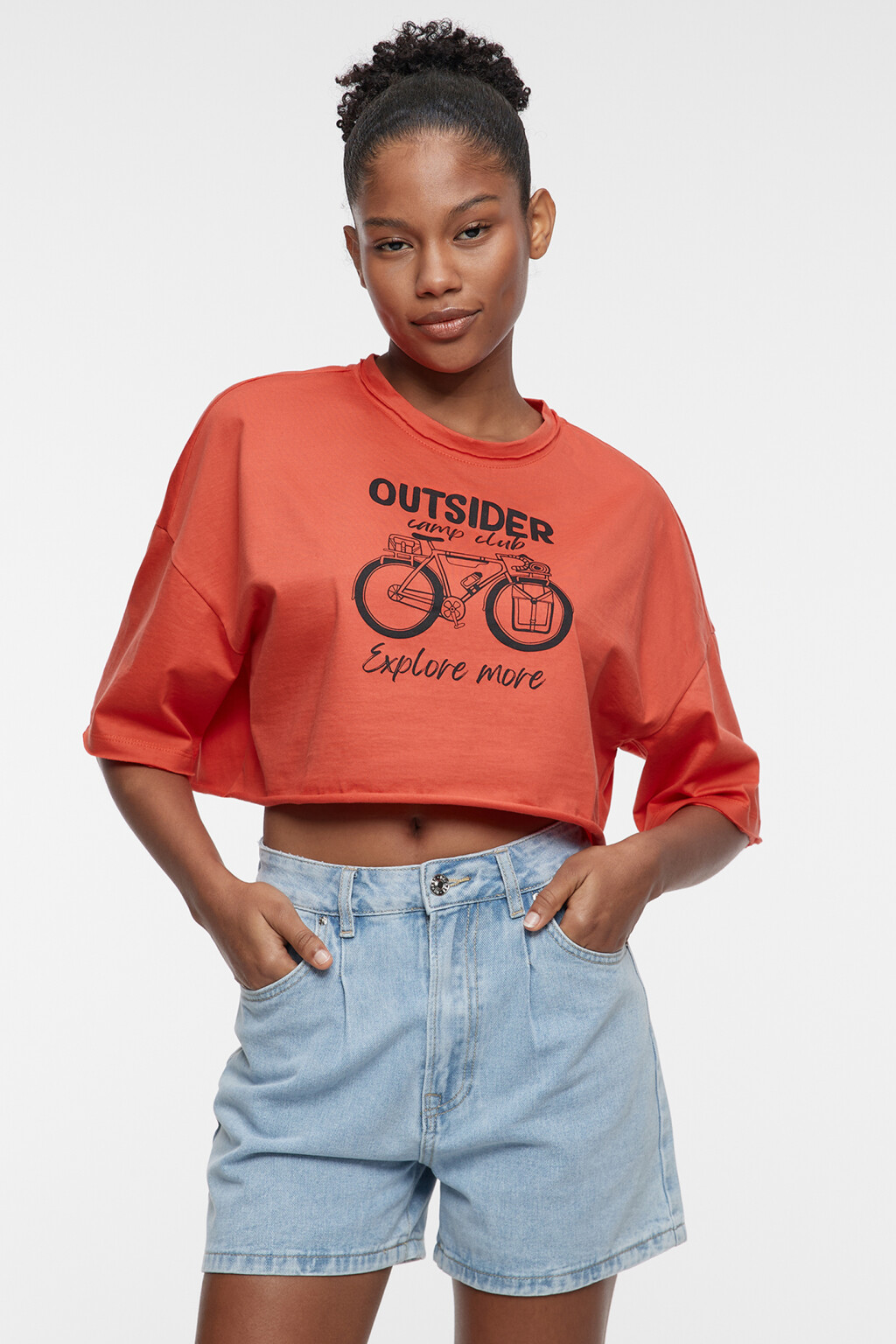 Топ-футболка хлопковый свободный с принтом - цвет оранжевый - 2