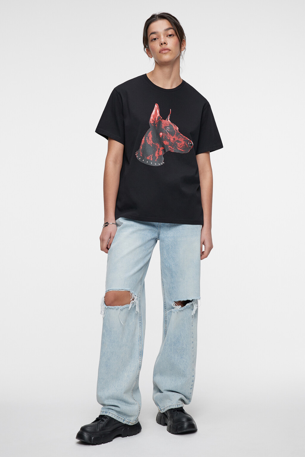 Футболка прямая хлопковая с принтом с собаками - цвет черный - 1